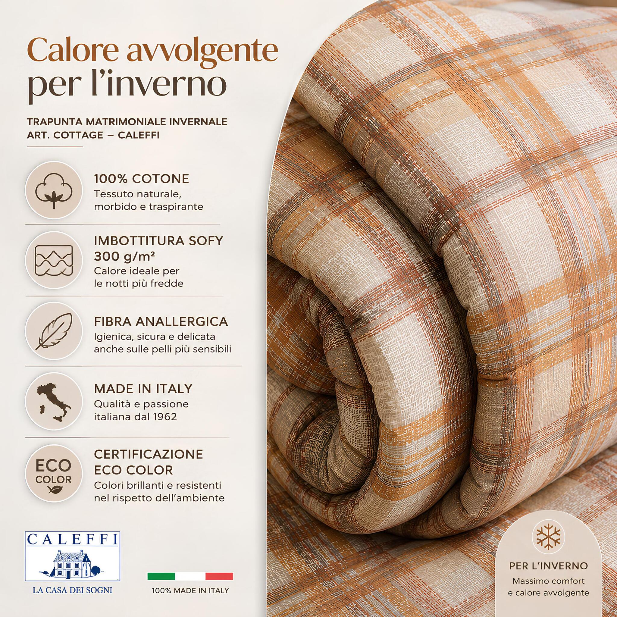 Trapunta matrimoniale invernale Caleffi 100% cotone con imbottitura Sofy 300 g m² Made in Italy ambra