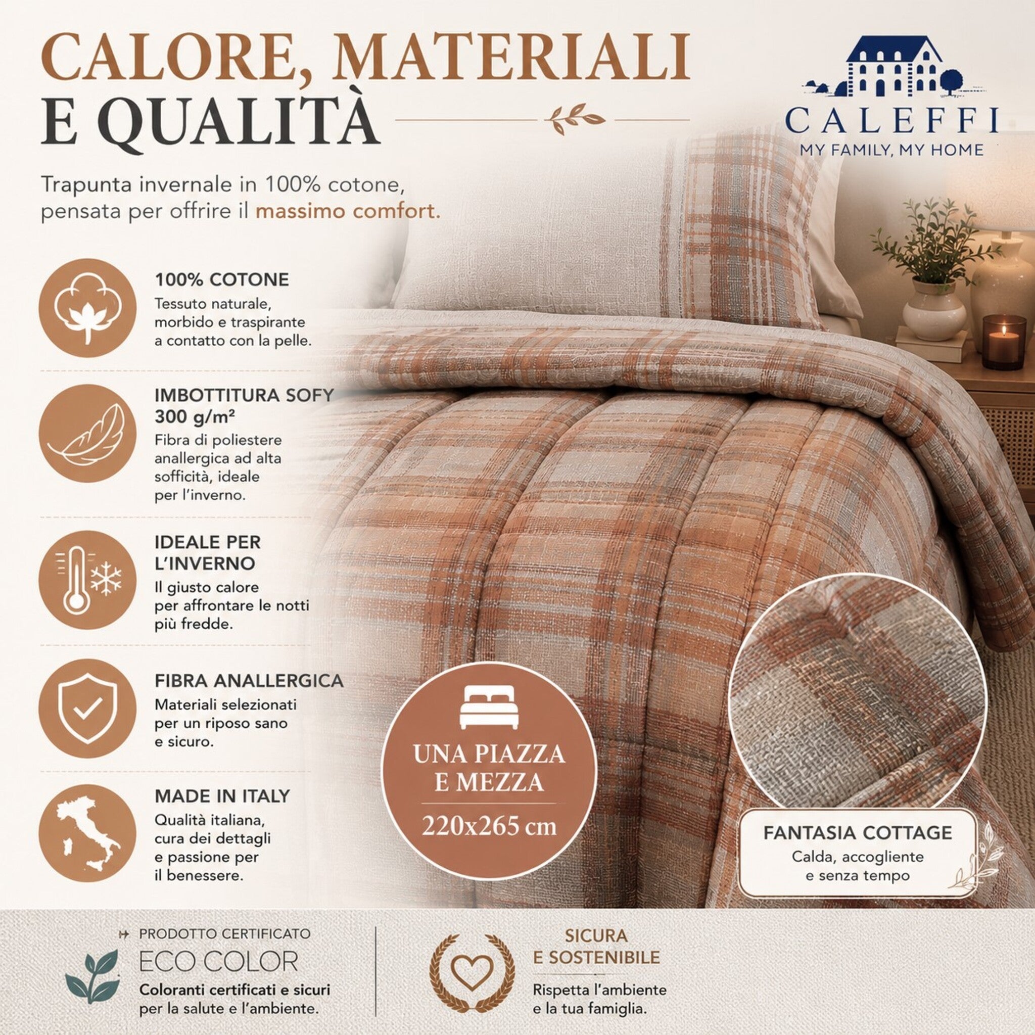 Caratteristiche della trapunta Caleffi Cottage Ambra con tessuto 100% cotone e imbottitura Sofy 300 g