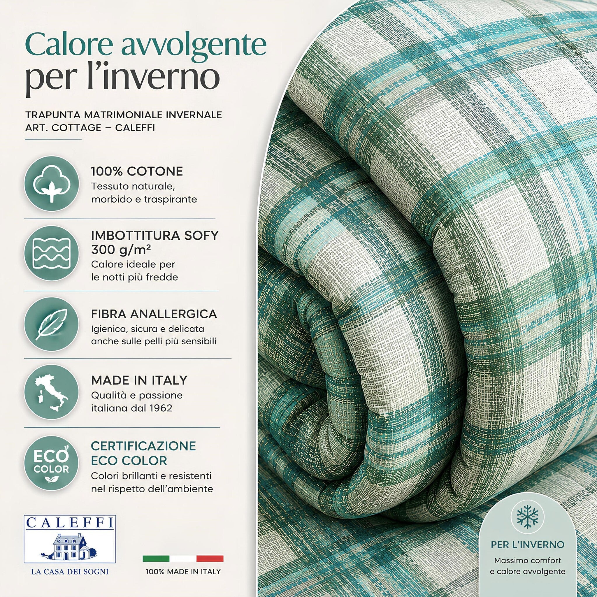 Trapunta matrimoniale invernale Caleffi 100% cotone con imbottitura Sofy 300 g m² Made in Italy giada verde
