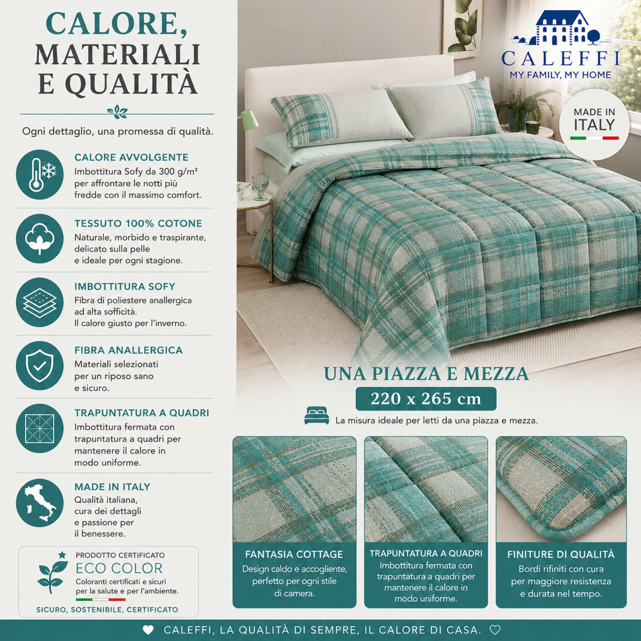 Caratteristiche della trapunta Caleffi Cottage Giada  con tessuto 100% cotone e imbottitura Sofy 300 g