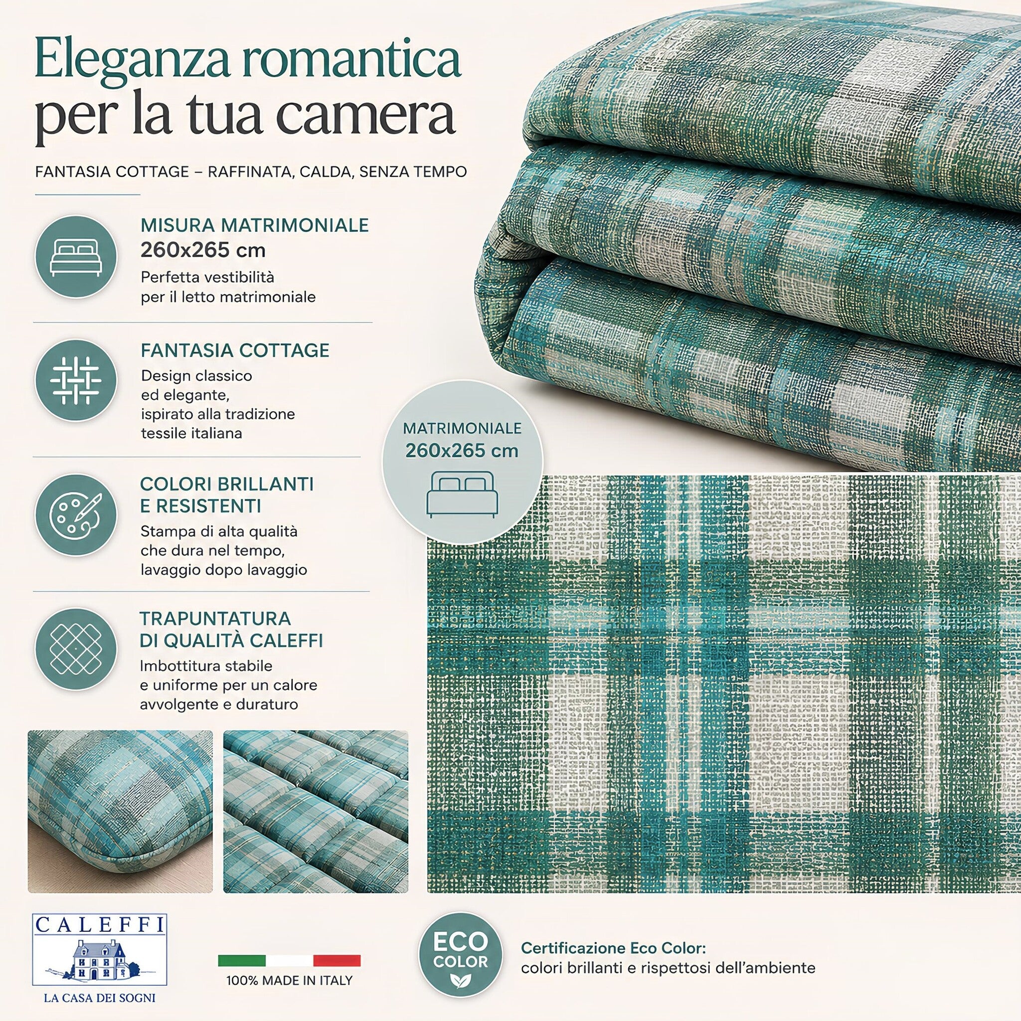 misure Trapunta matrimoniale invernale Caleffi Cottage giada 260x265 cm