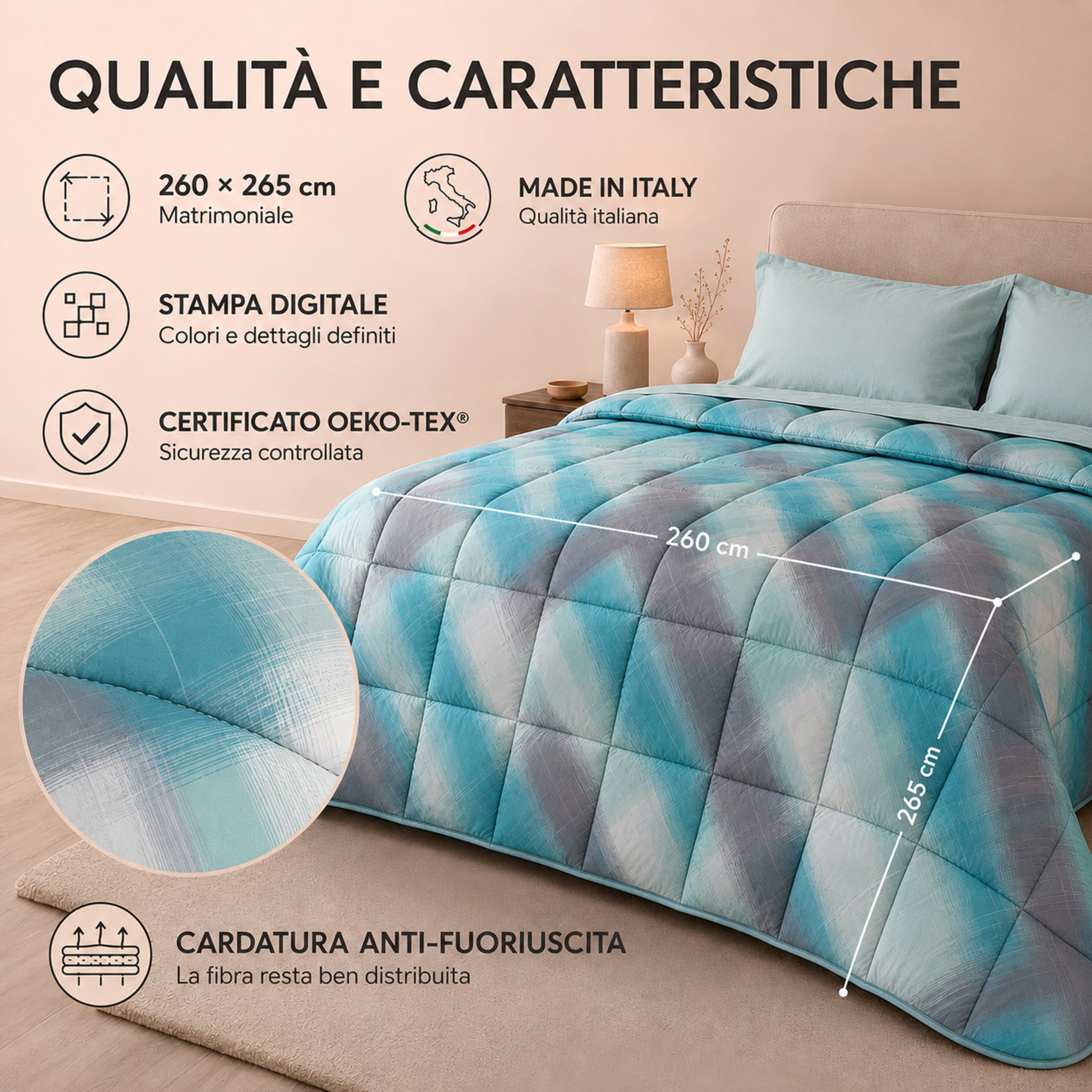 Caratteristiche trapunta Caleffi Derby 260x265 cm certificata OEKO-TEX
