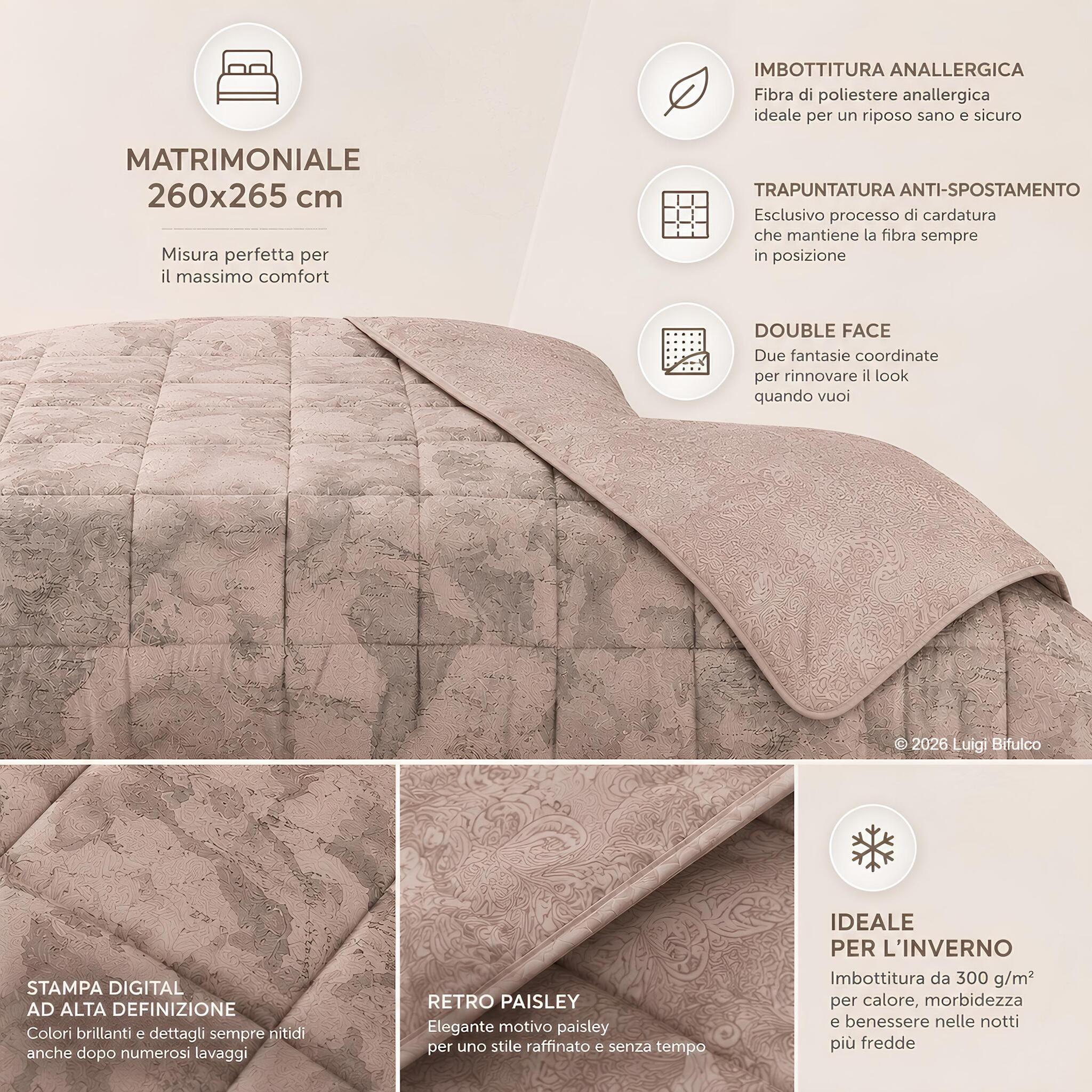 Infografica della trapunta matrimoniale Caleffi Geo Country 260x265 cm double face con retro paisley e imbottitura Sofy