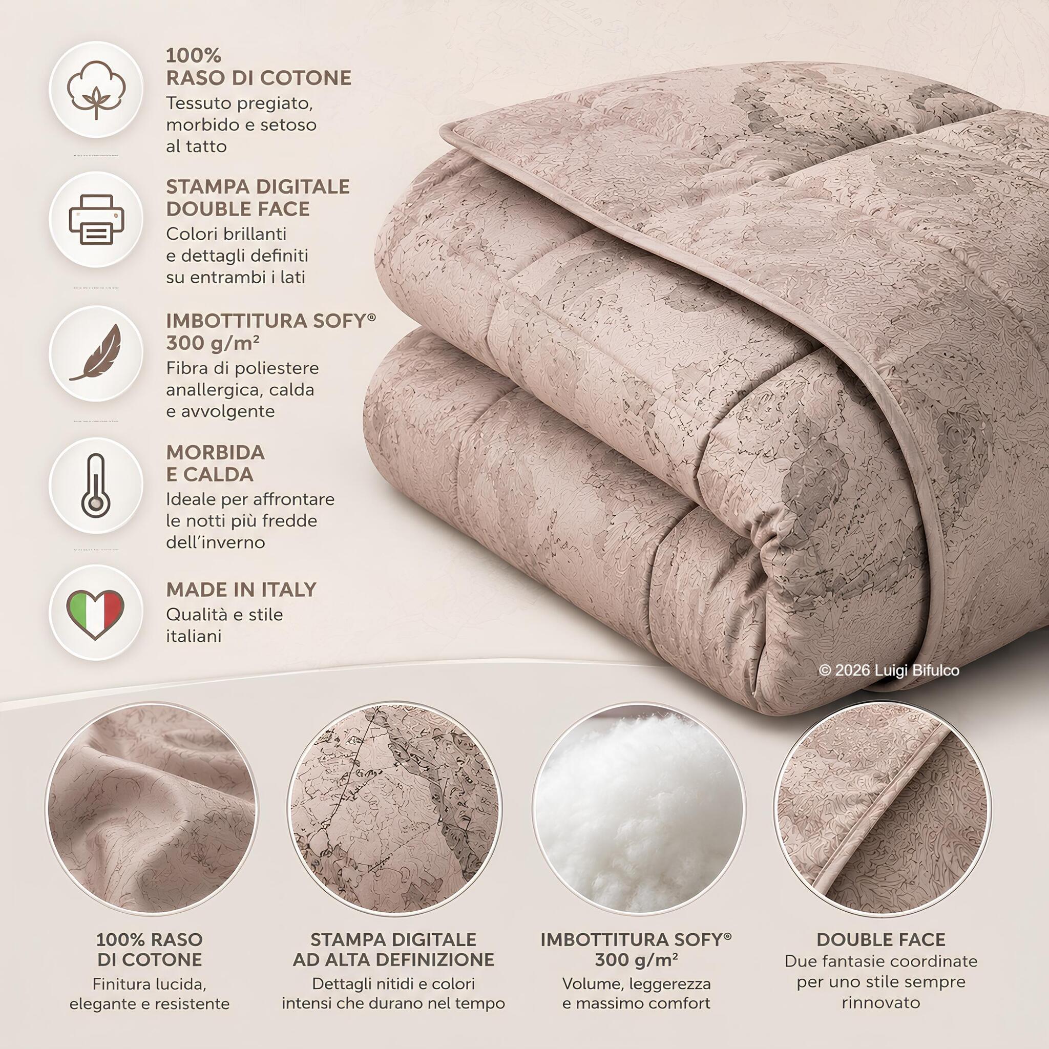Infografica della trapunta Caleffi Geo Country in raso di cotone con stampa digitale double face e imbottitura Sofy 300 g/m²