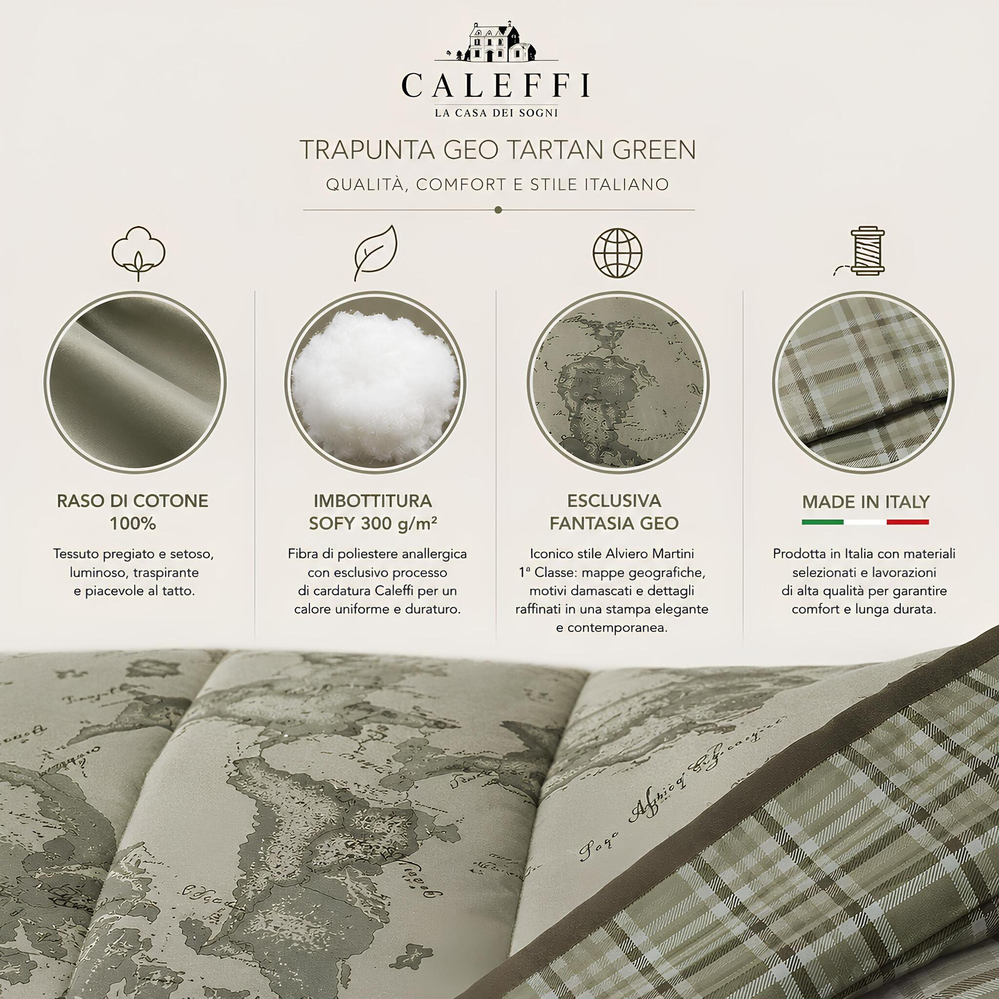 Materiali della trapunta matrimoniale Caleffi Geo Tartan Green in raso di cotone con imbottitura Sofy