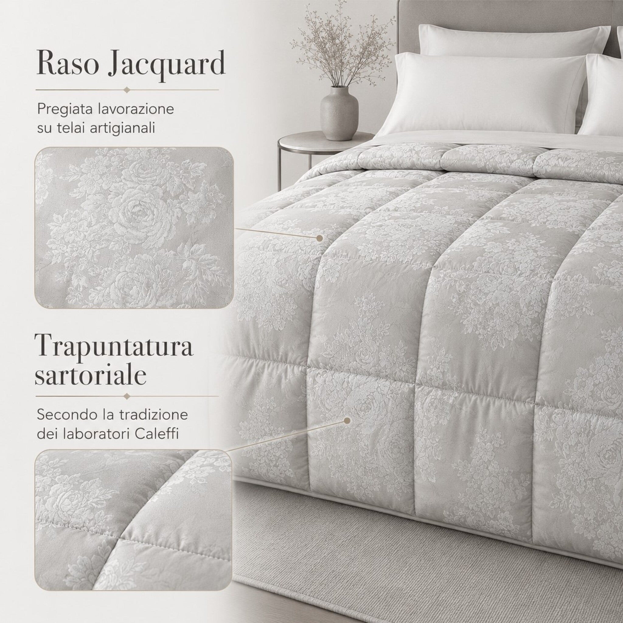 Caratteristiche della trapunta Caleffi Gloria con raso jacquard, imbottitura SOFY 300 g/m² e produzione Made in Italy