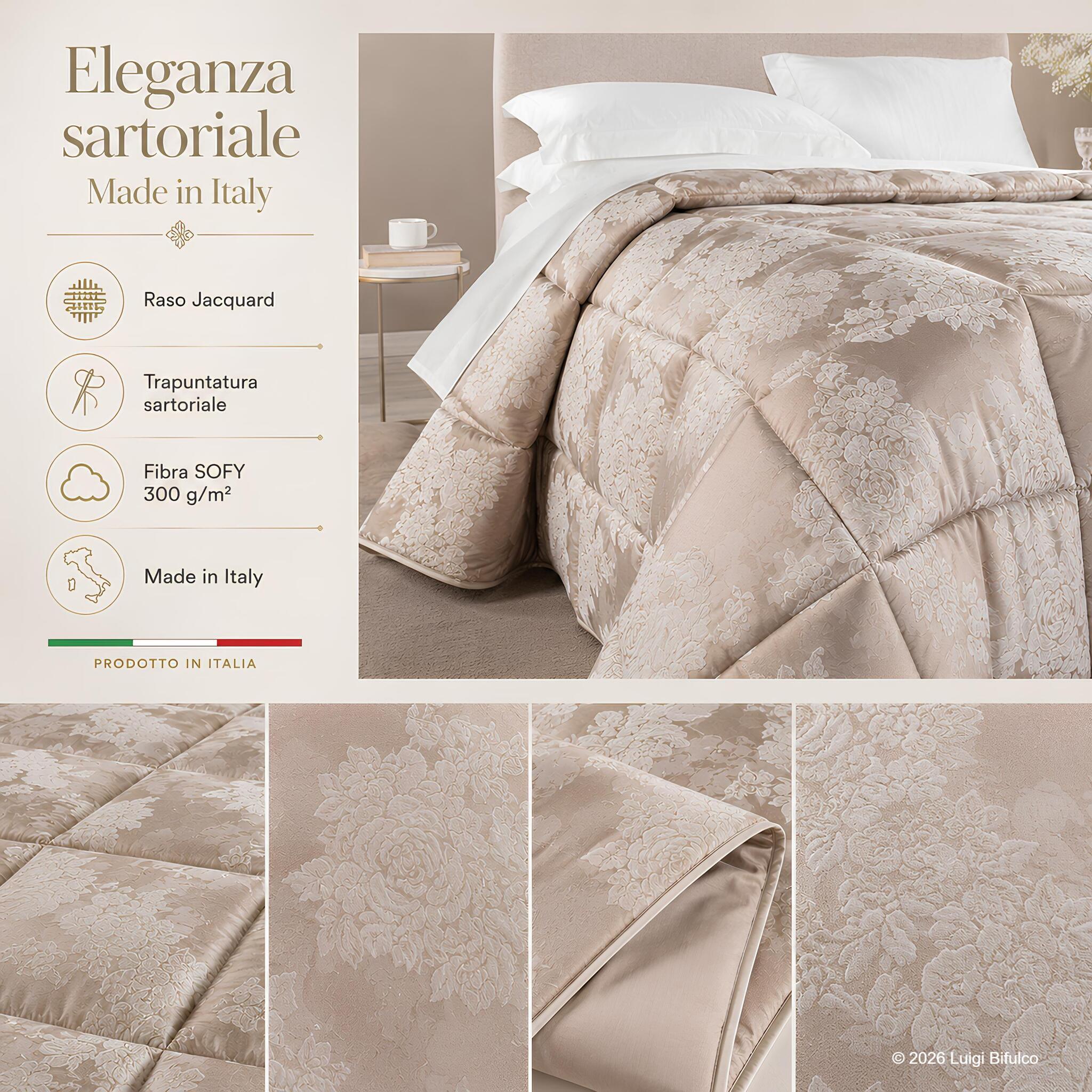 Caratteristiche della trapunta Caleffi Gloria con raso jacquard, imbottitura SOFY 300 g/m² e produzione Made in Italy
