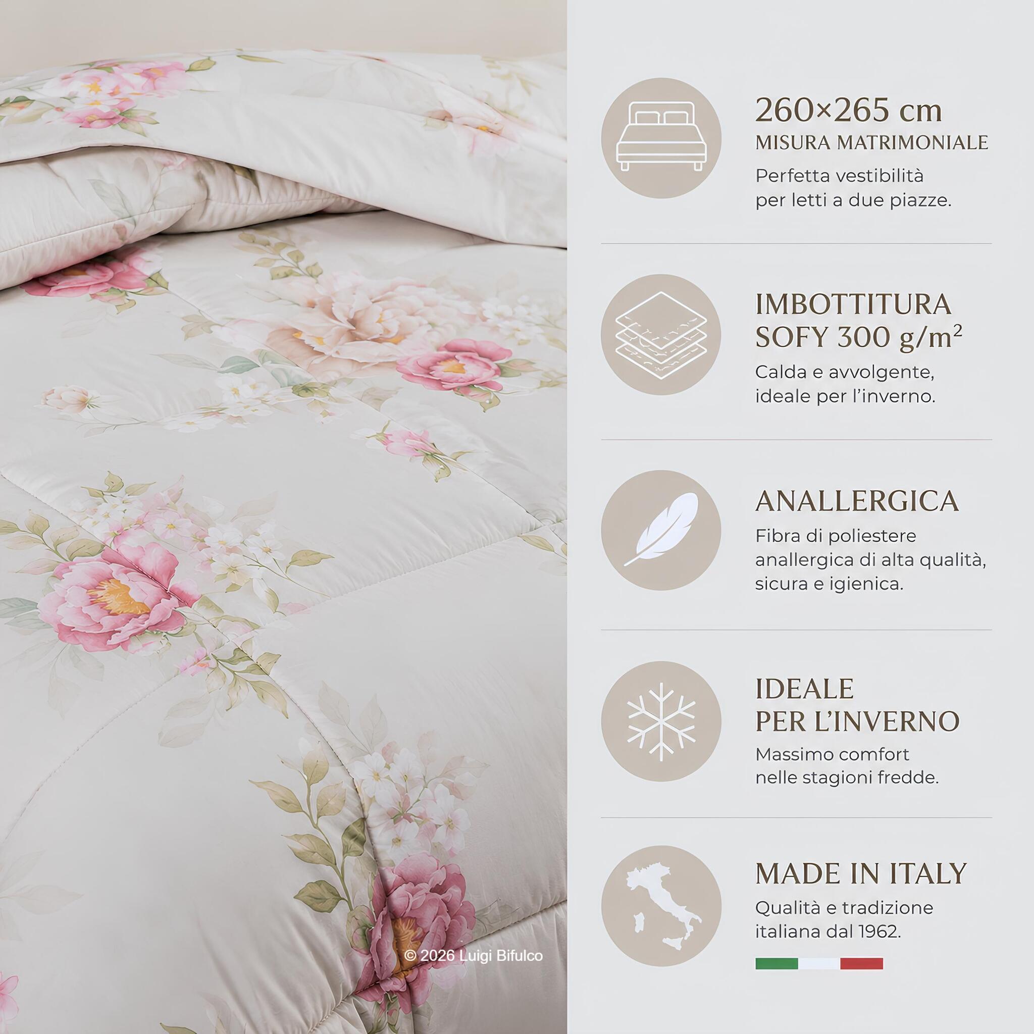 Infografica tecnica trapunta Caleffi Isola Bella 260x265 cm con imbottitura Sofy 300 g/m² Made in Italy