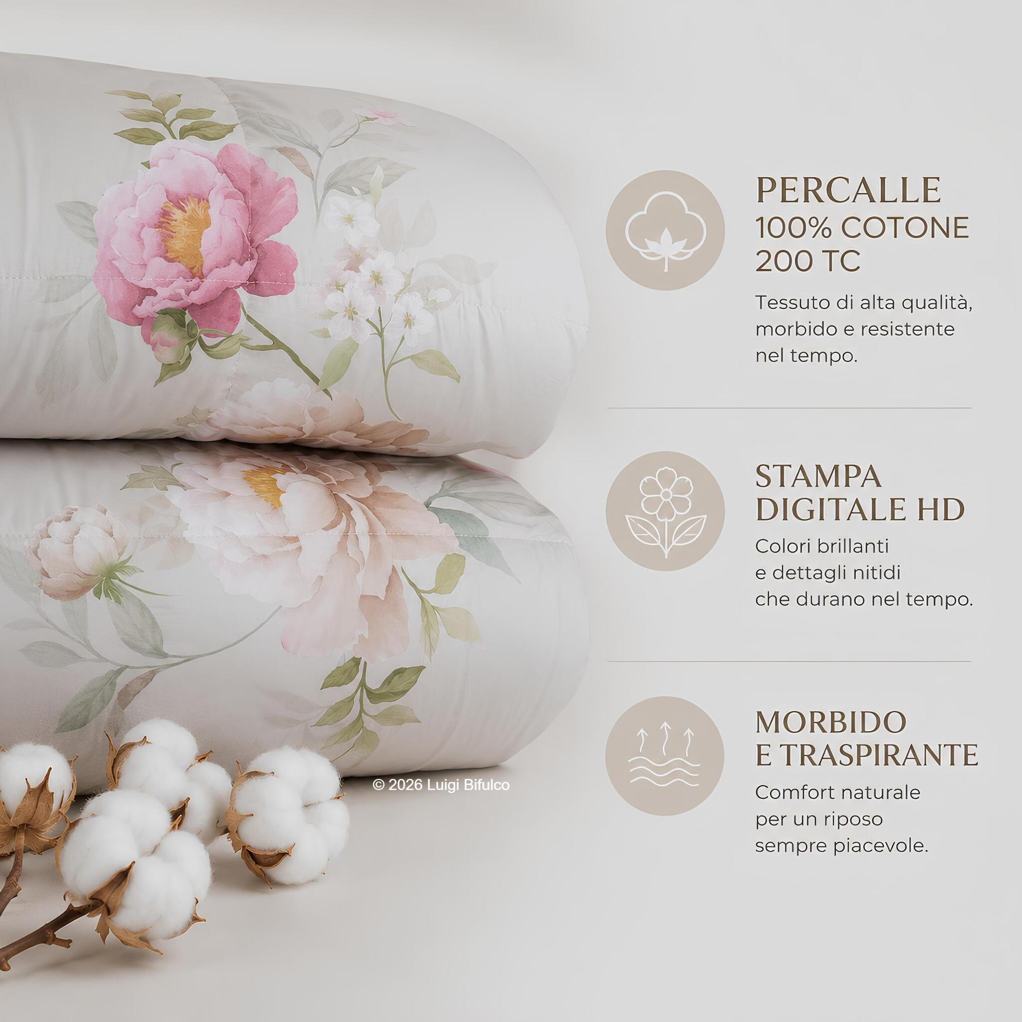 Infografica trapunta Caleffi Isola Bella in percalle 100% cotone 200 TC con stampa digitale HD