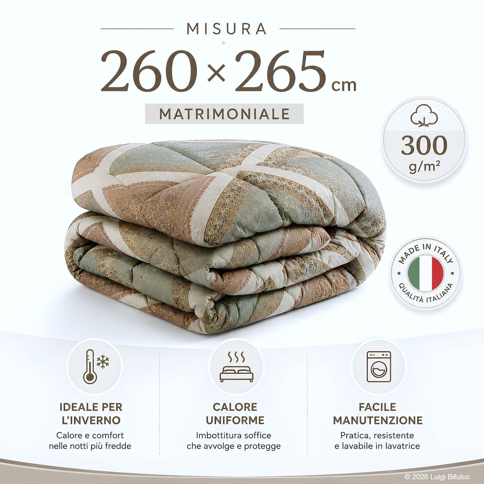 Trapunta matrimoniale Caleffi Mira Giada ambientata su letto moderno con fantasia geometrica elegante