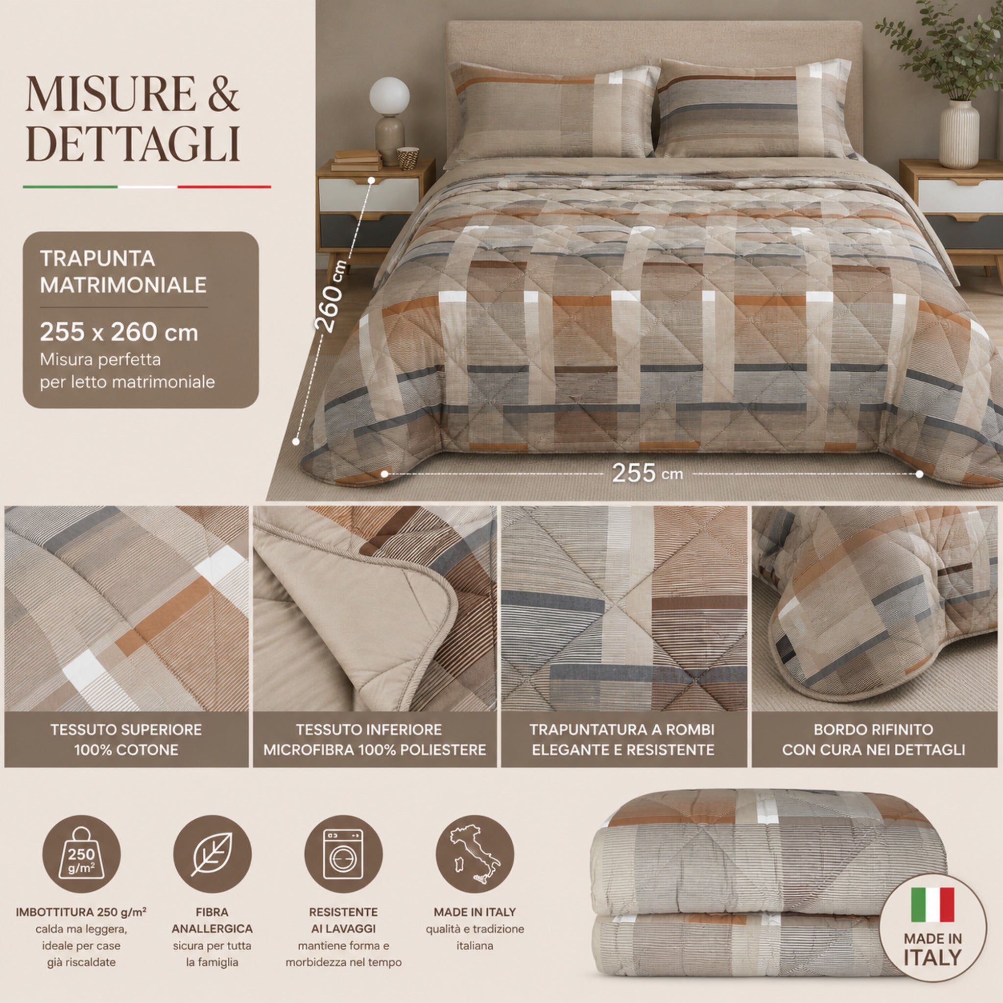 Misure trapunta matrimoniale Caleffi New Town ambra 255x260 cm