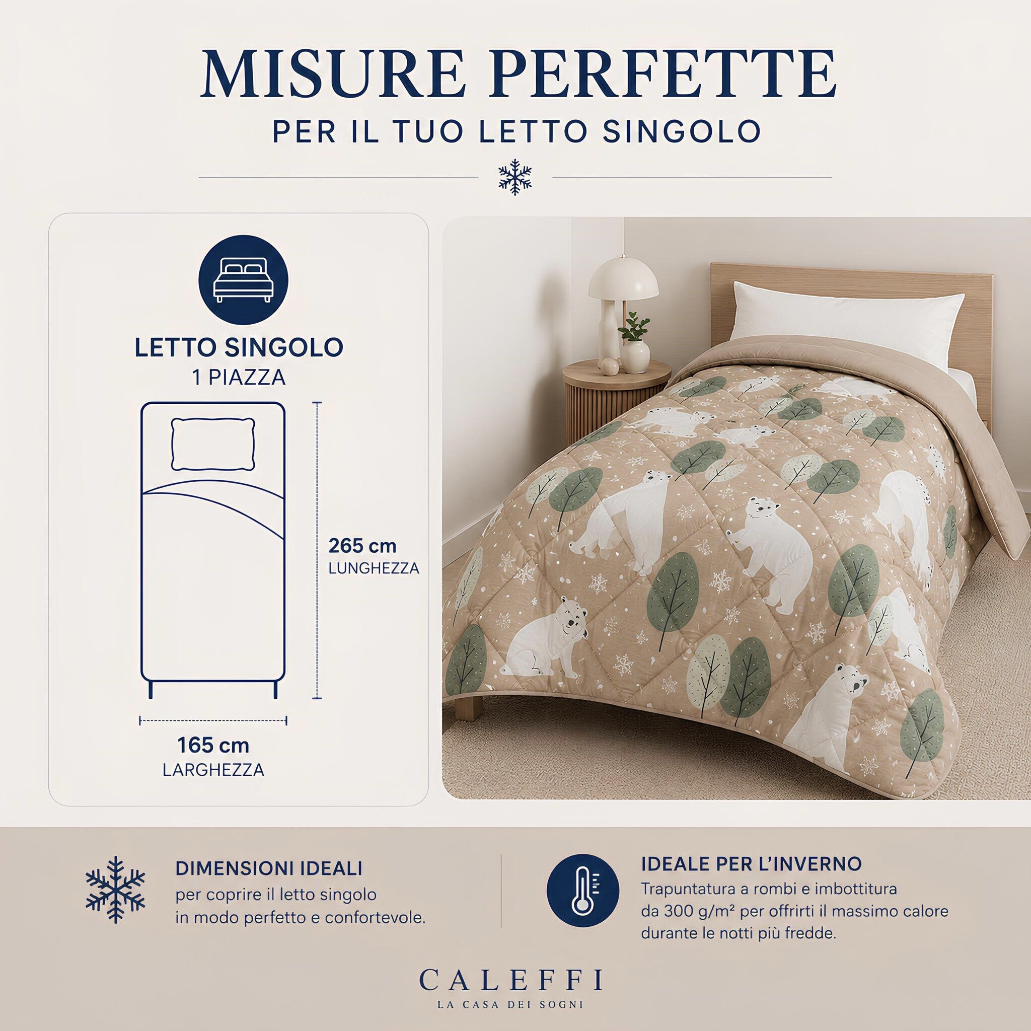 Infografica misure trapunta Caleffi Polar Naturale 165x265 cm per letto singolo.