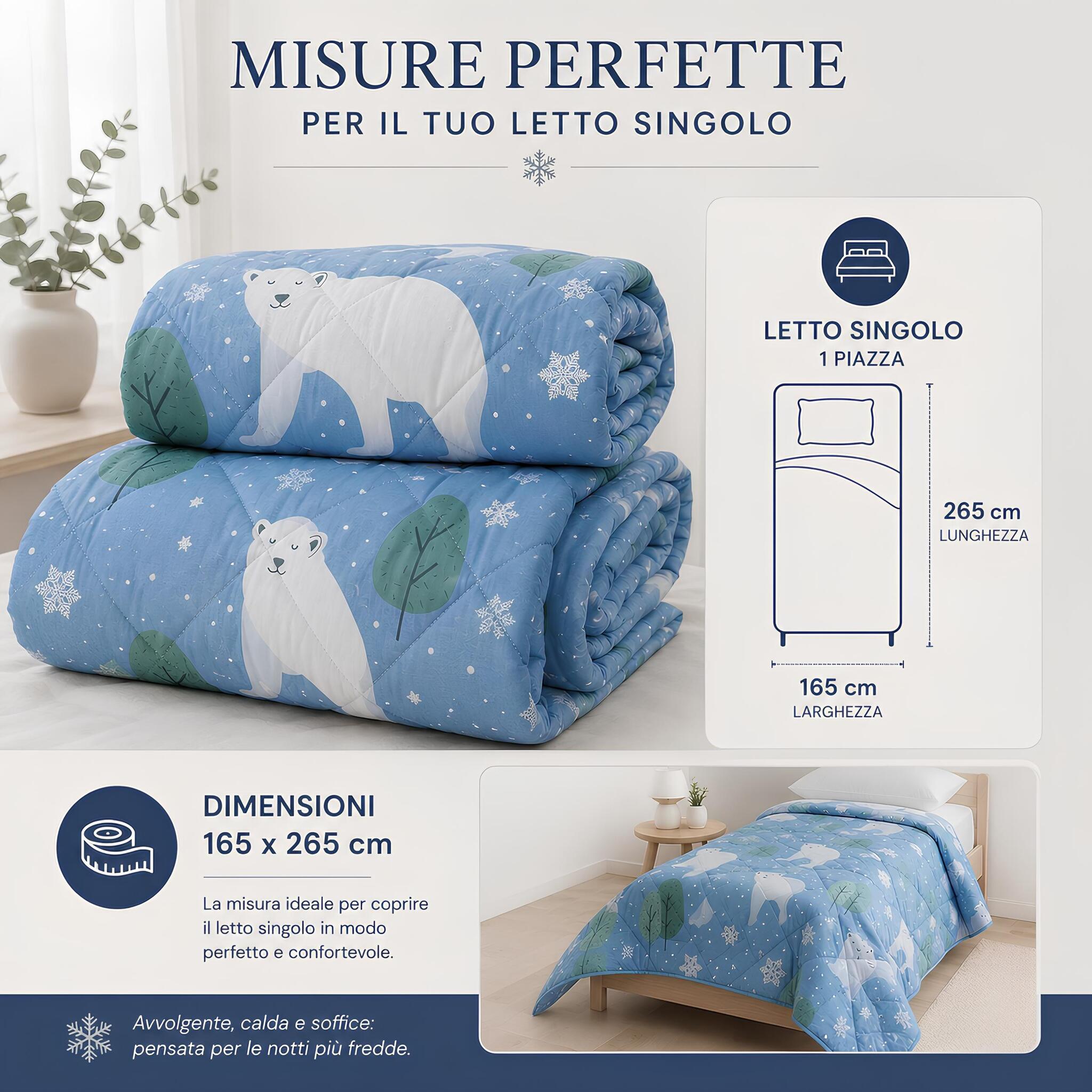 Misure trapunta singola Caleffi Polar 165x265 cm per letto una piazza.