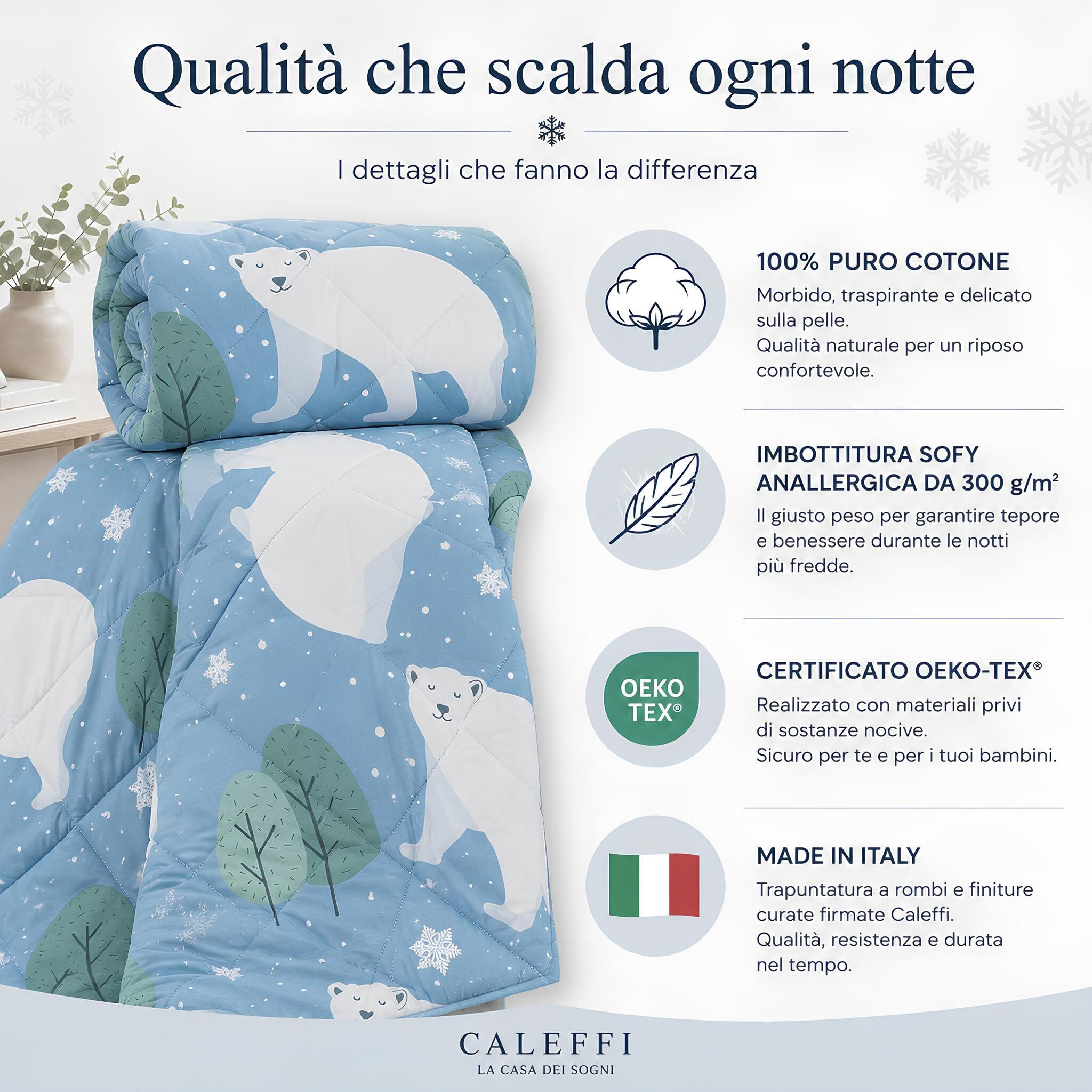 Infografica qualità trapunta Caleffi Polar 100% cotone OEKO-TEX Made in Italy.