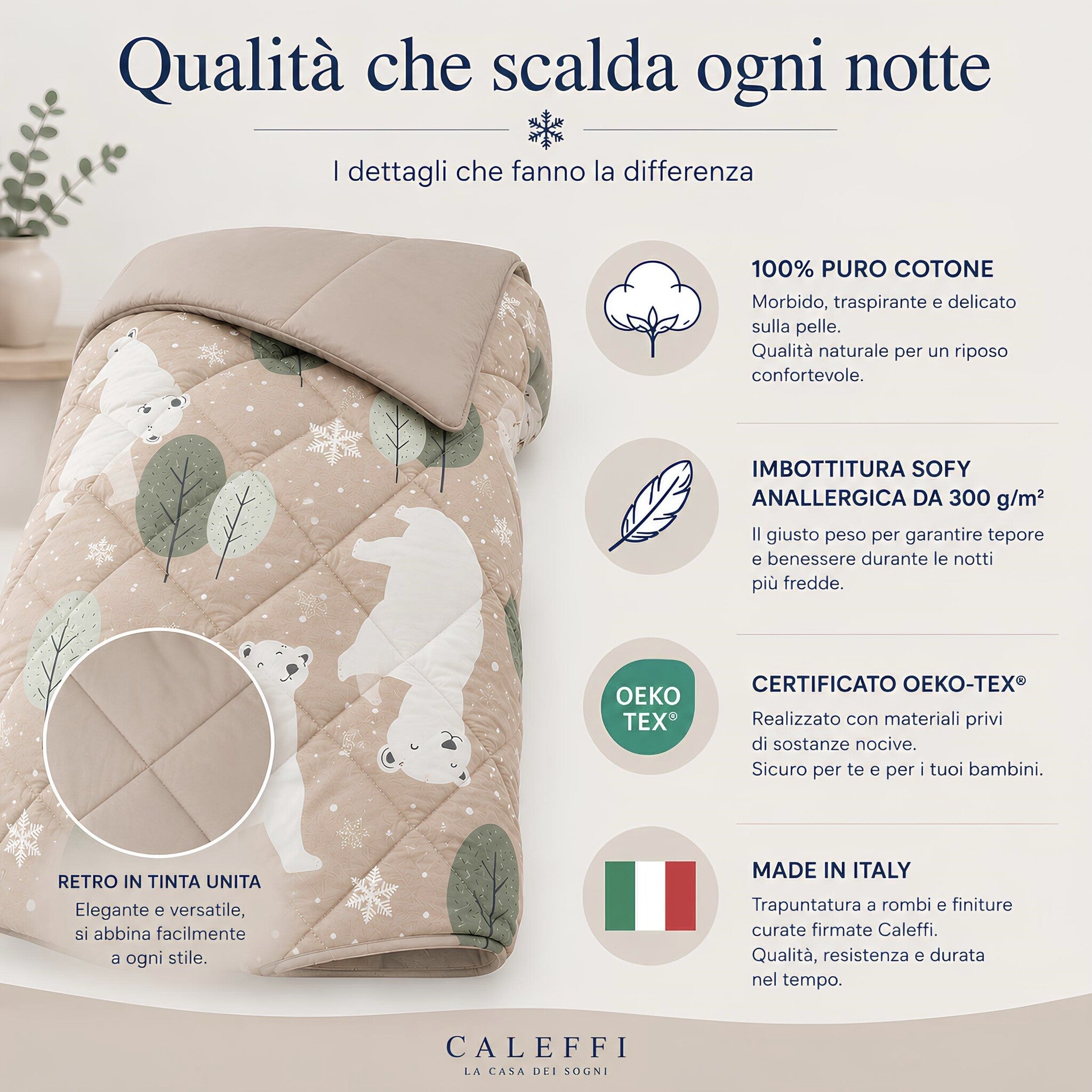 Infografica qualità trapunta Caleffi Polar con retro tinta unita, imbottitura Sofy e certificazione OEKO-TEX.