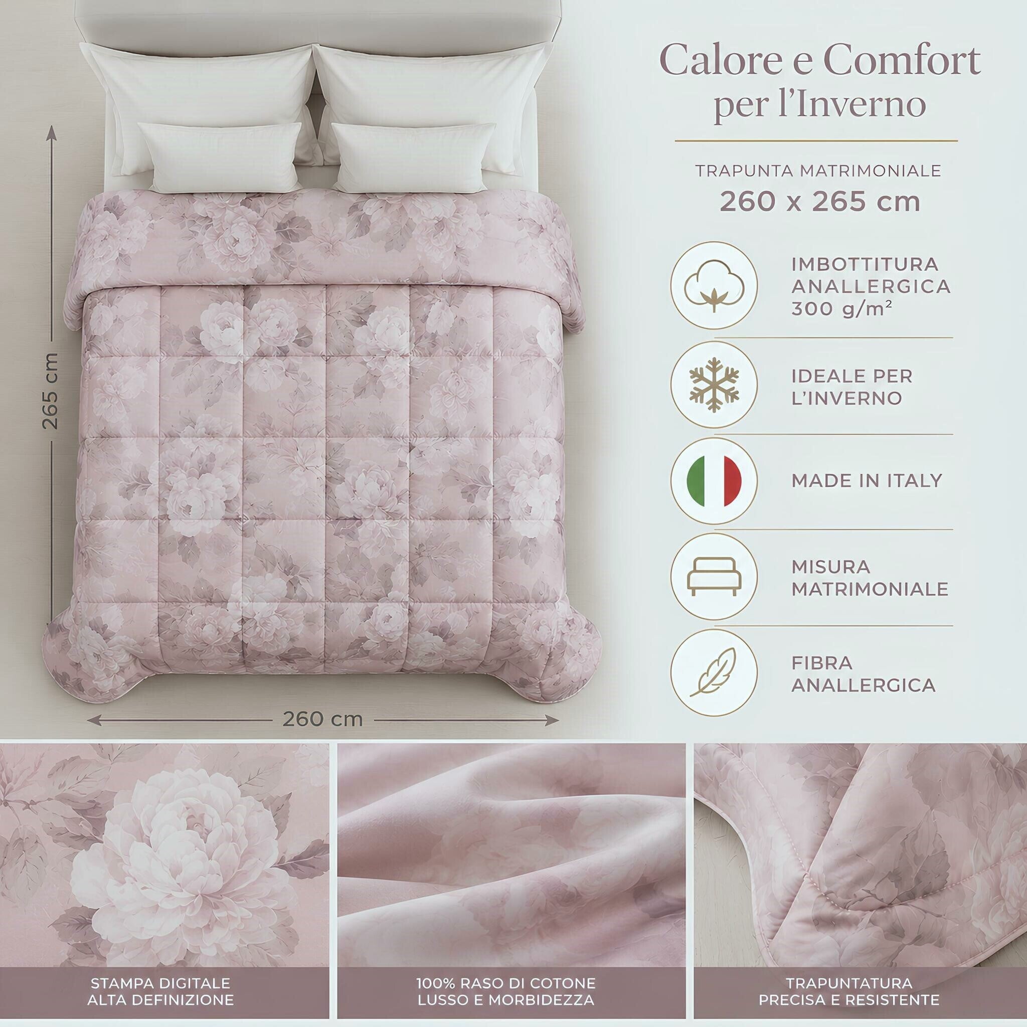 Trapunta matrimoniale Caleffi Rosa Alba 260x265 cm con imbottitura anallergica 300 grammi metro quadro