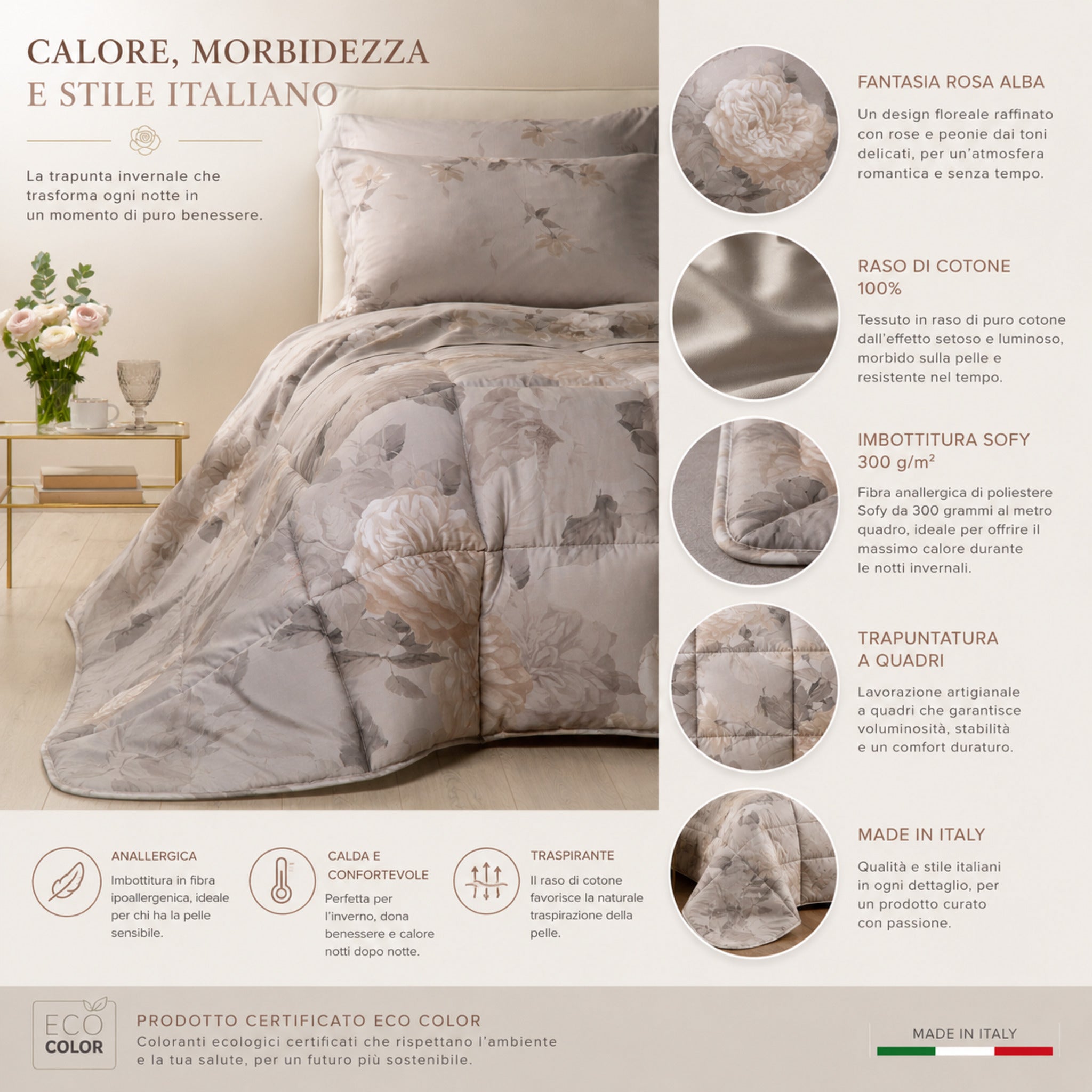 Caratteristiche della trapunta Caleffi Rosa Alba in raso di cotone con imbottitura SOFY 300 g