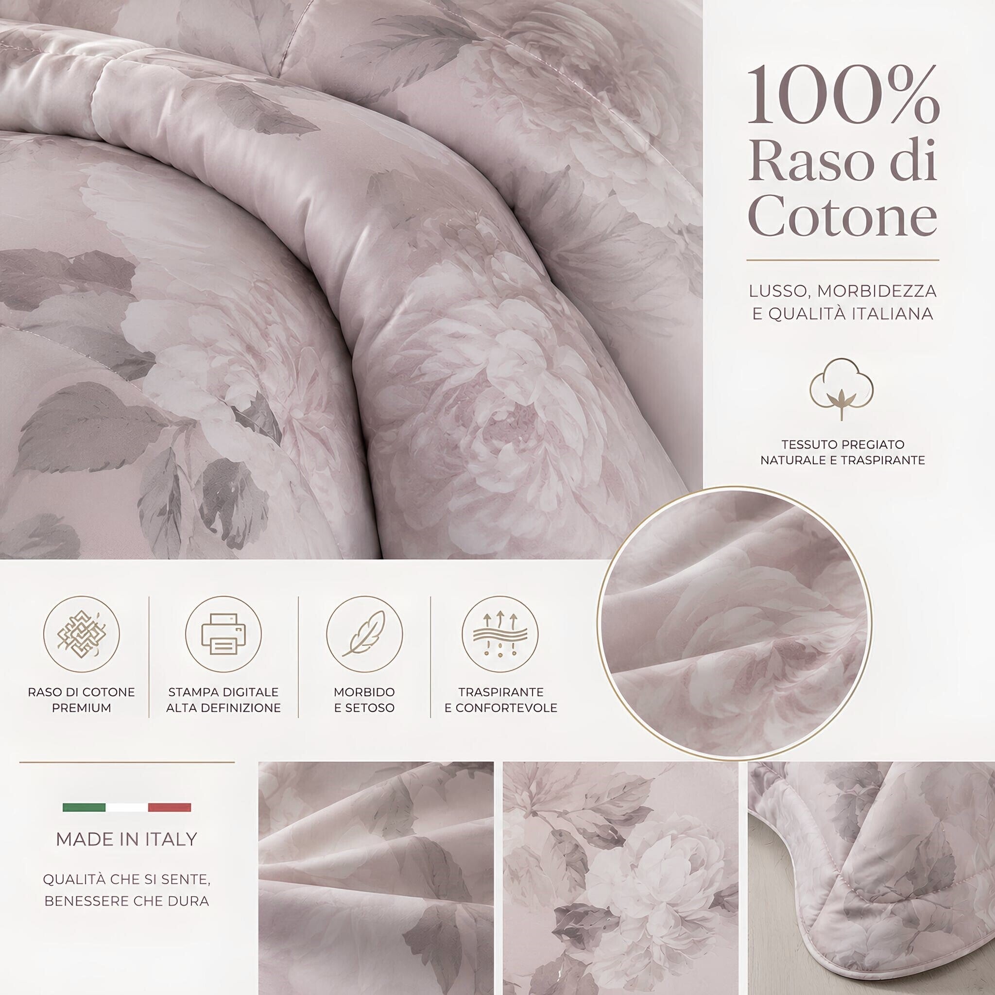 Dettaglio raso di cotone 100% trapunta Caleffi Rosa Alba con stampa floreale digitale ad alta definizione