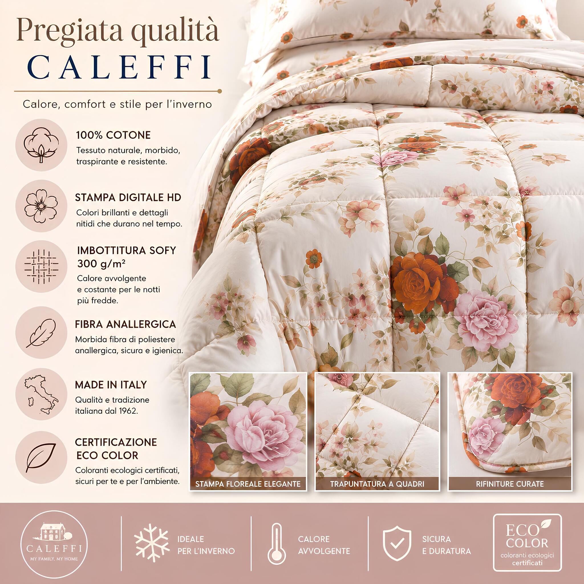 Trapunta Caleffi Rosabella in 100 cotone con stampa digitale floreale ad alta definizione