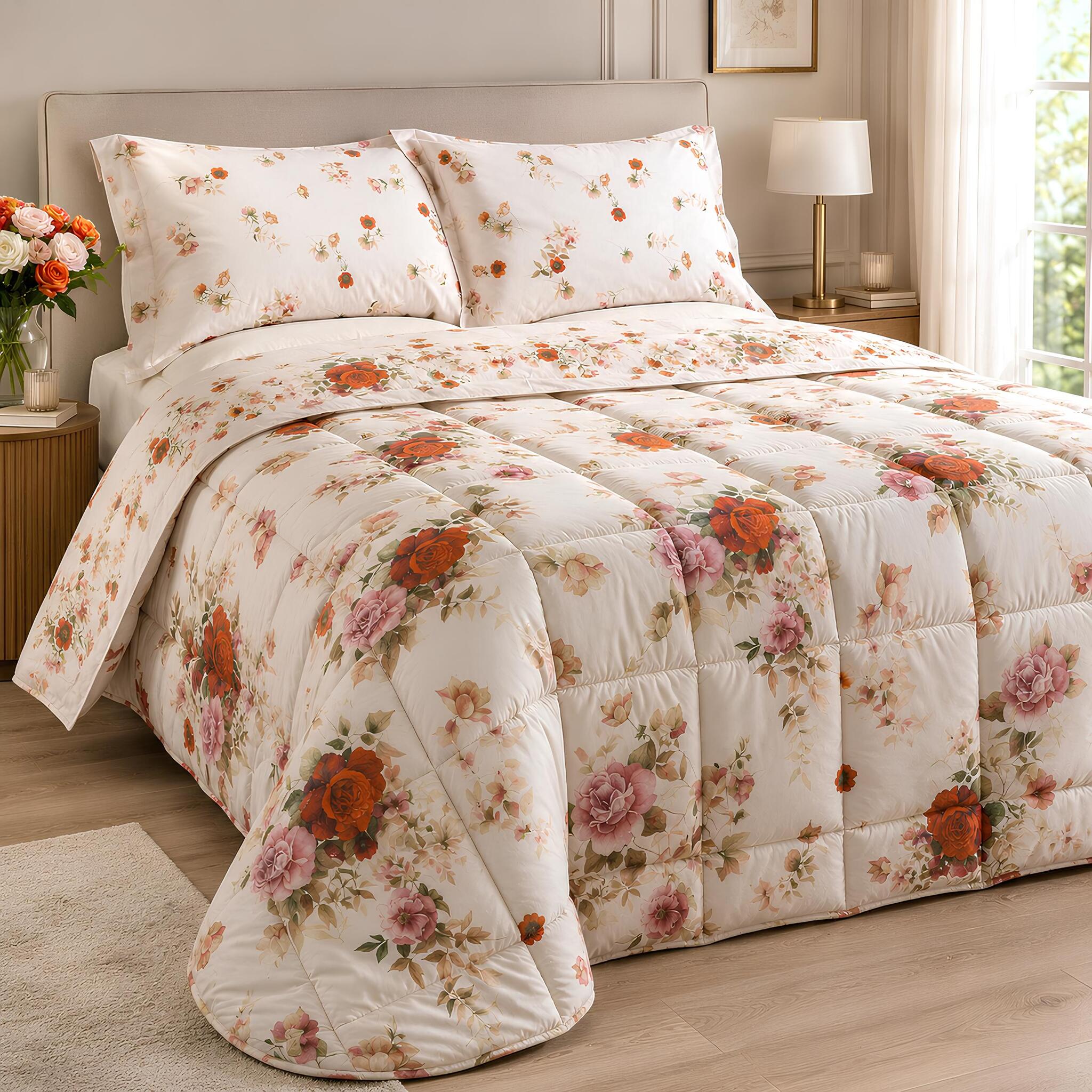 Trapunta matrimoniale Caleffi Rosabella 260x265 cm in cotone con fantasia floreale