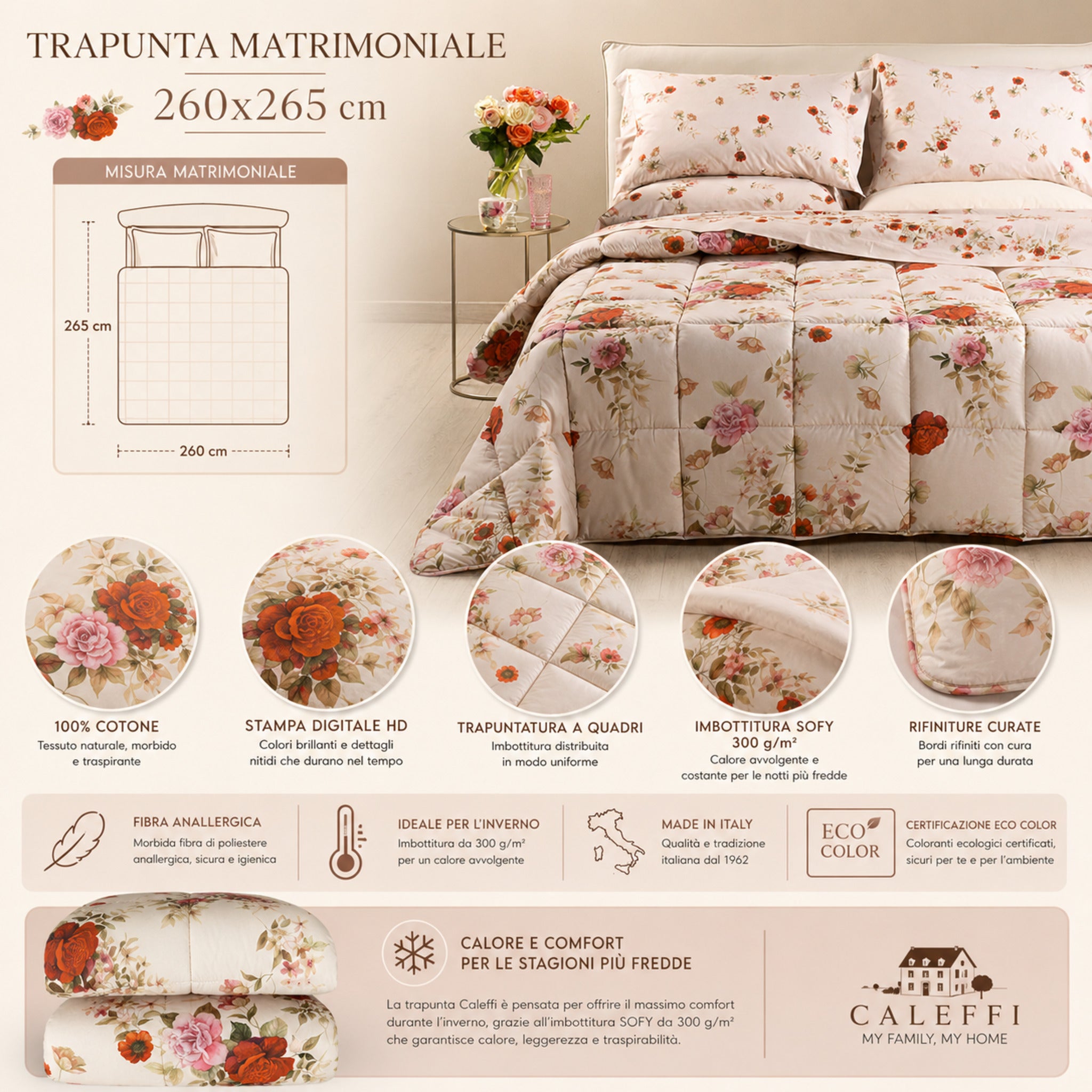 Misure trapunta matrimoniale Caleffi Rosabella 260x265 centimetri
