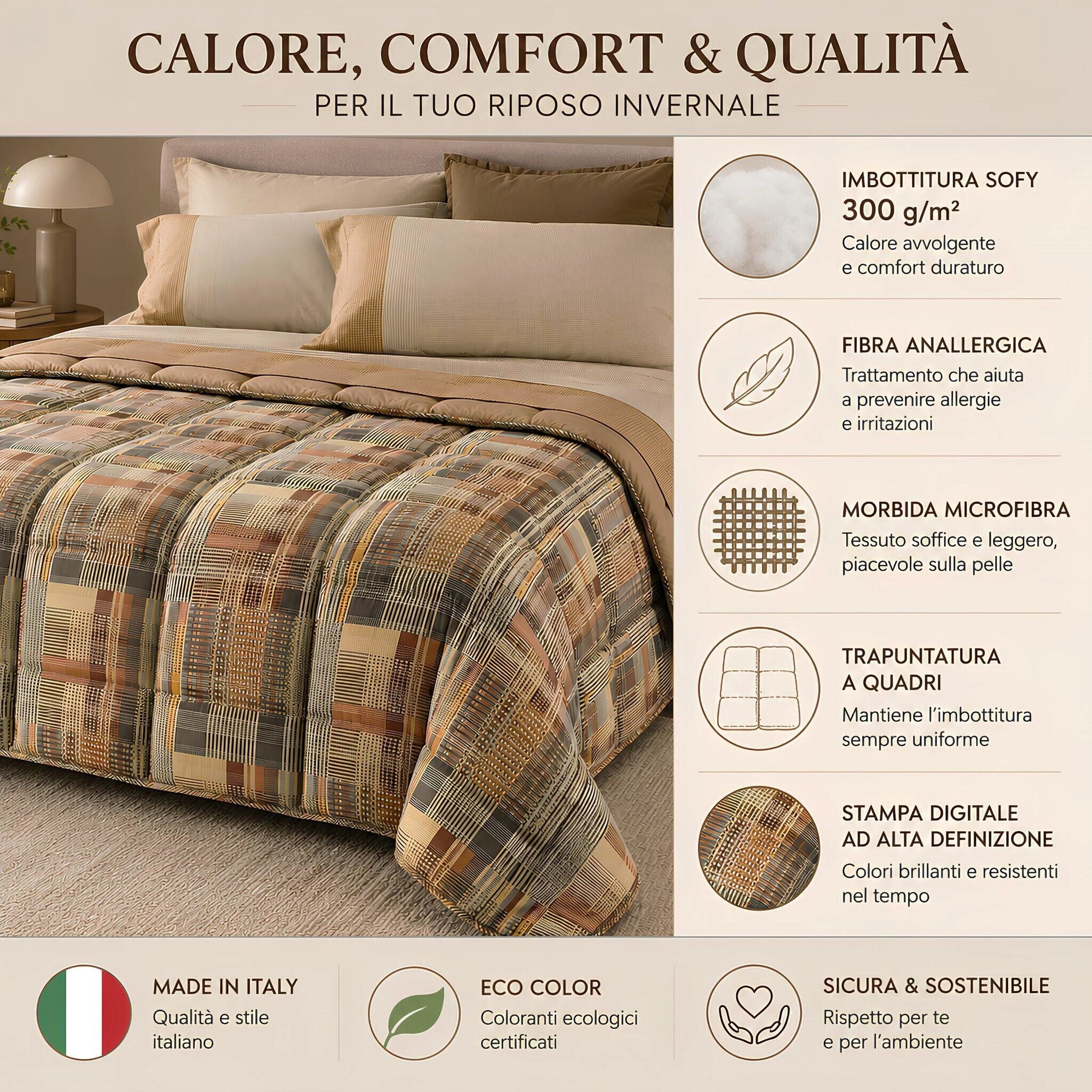 Caratteristiche trapunta Caleffi Simon Ambra con imbottitura SOFY 300 g metro quadro