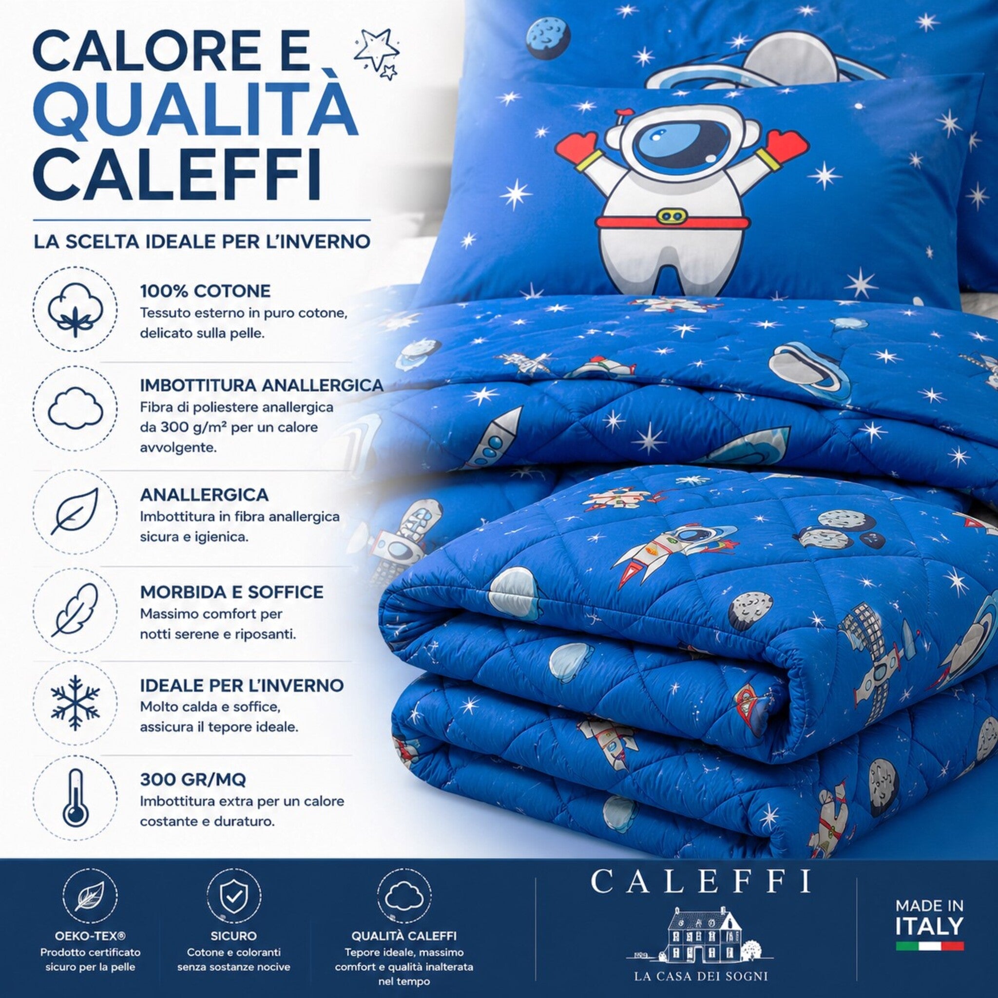 Trapunta invernale Caleffi Spazio blu in cotone con imbottitura anallergica 300 grammi metro quadro