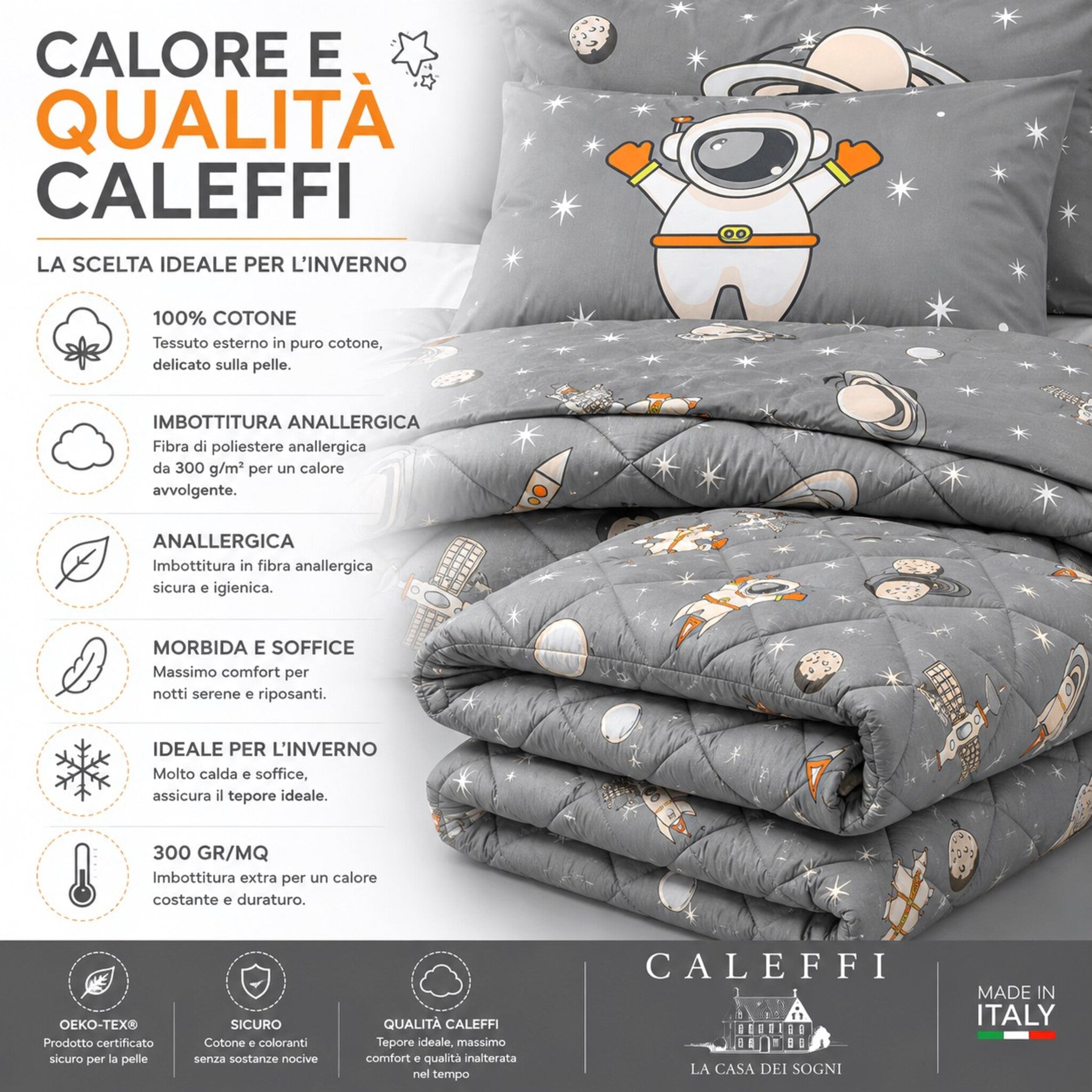 Trapunta invernale Caleffi Spazio grigio con imbottitura anallergica da 300 grammi metro quadro