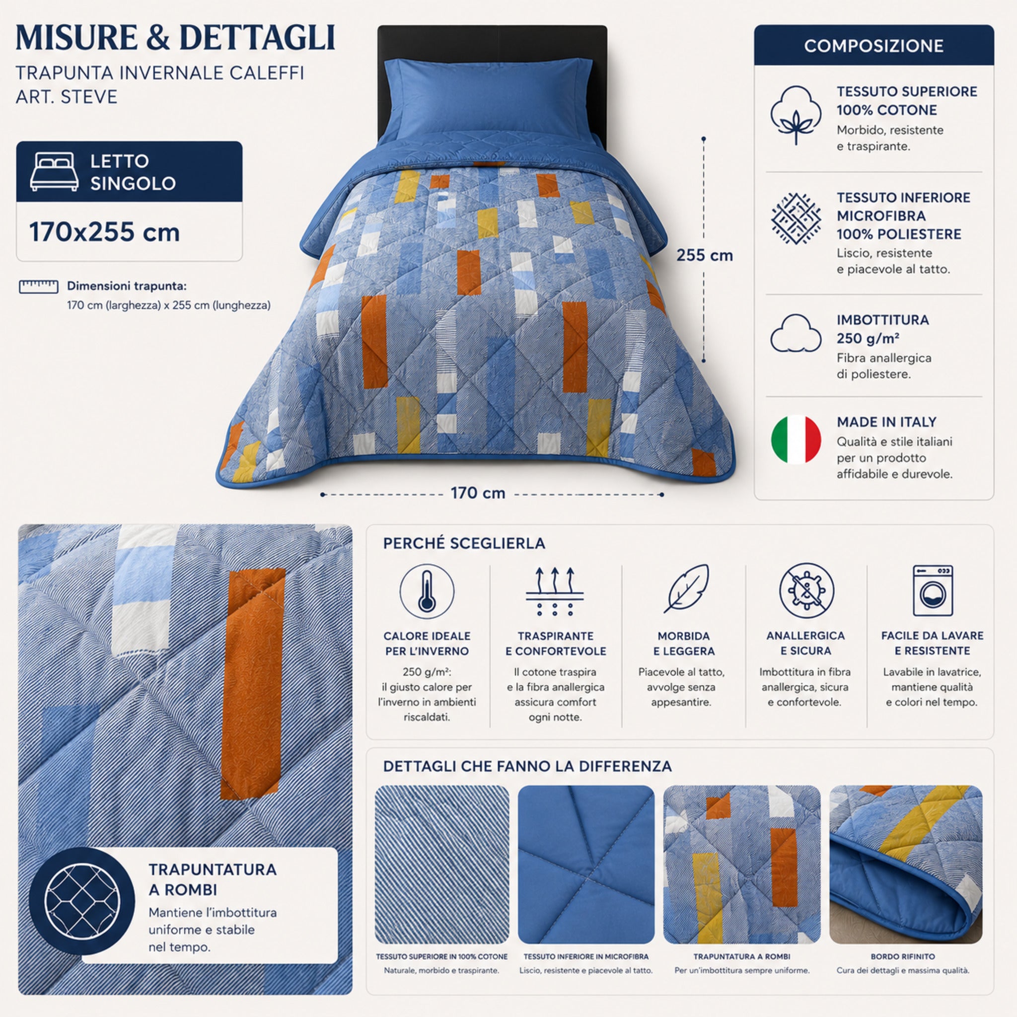 Misure trapunta singola Caleffi Steve blu 170x255 cm Made in Italy