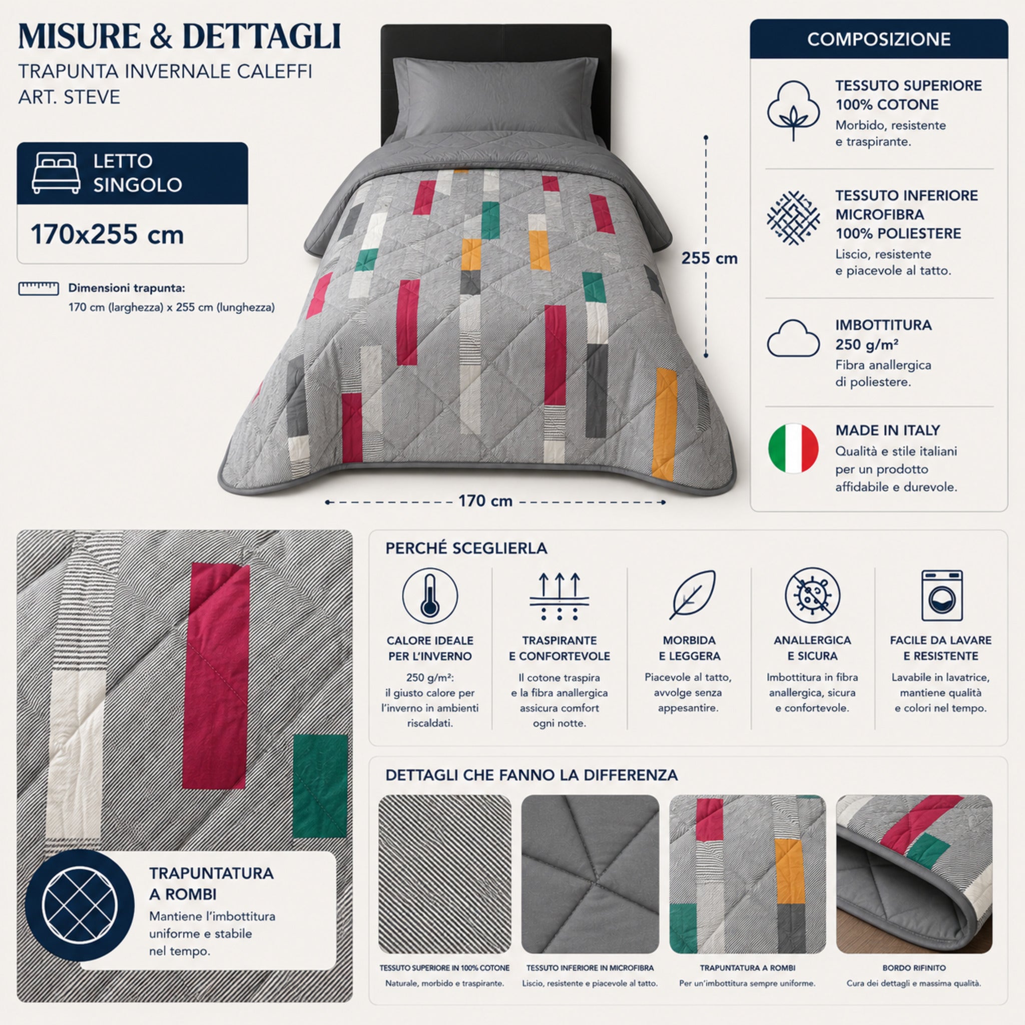 Misure trapunta singola Caleffi Steve grigio 170x255 cm Made in Italy
