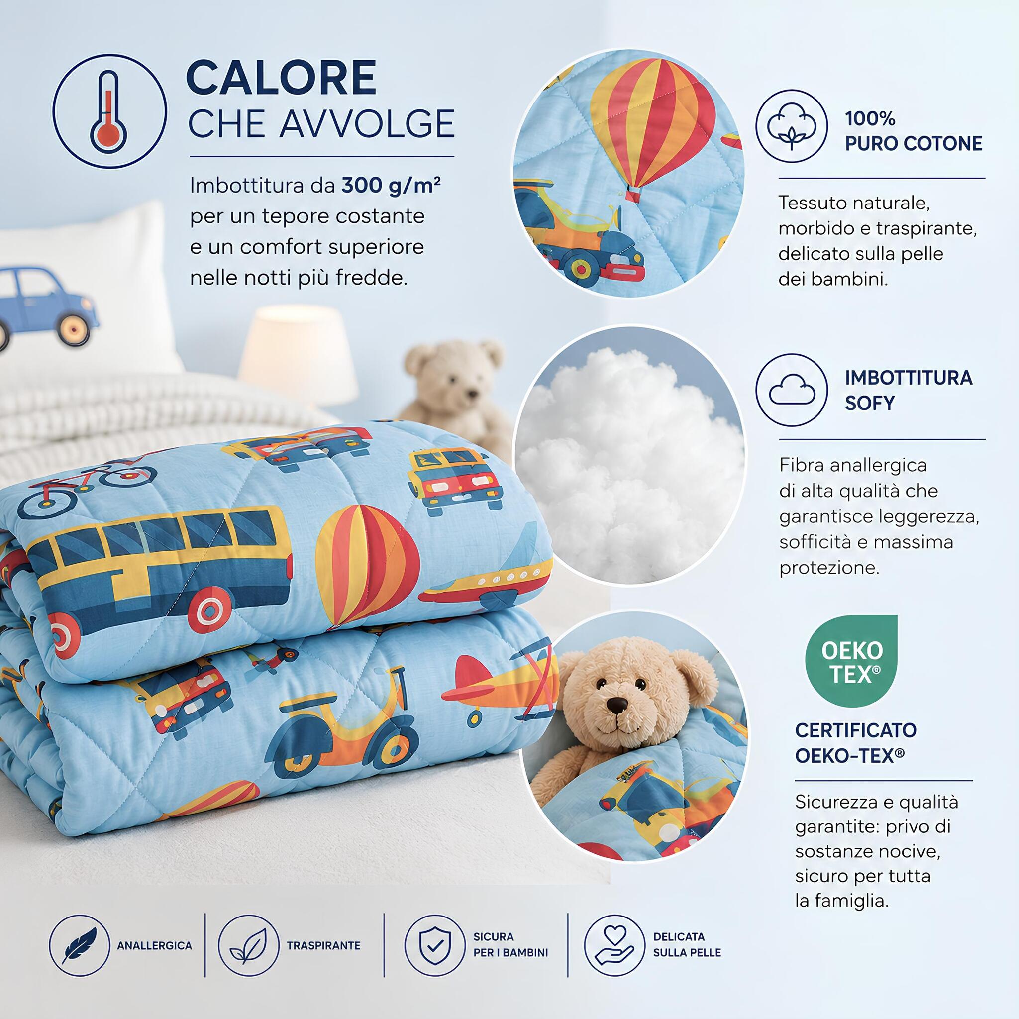 Infografica trapunta Caleffi Toys azzurra con imbottitura Sofy e certificazione OEKO TEX