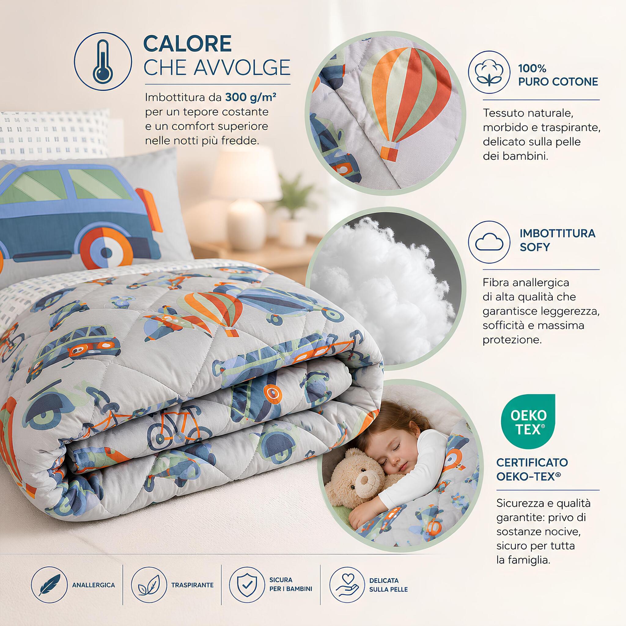 Infografica trapunta Caleffi Toys con imbottitura Sofy 300 g m² e cotone 100%