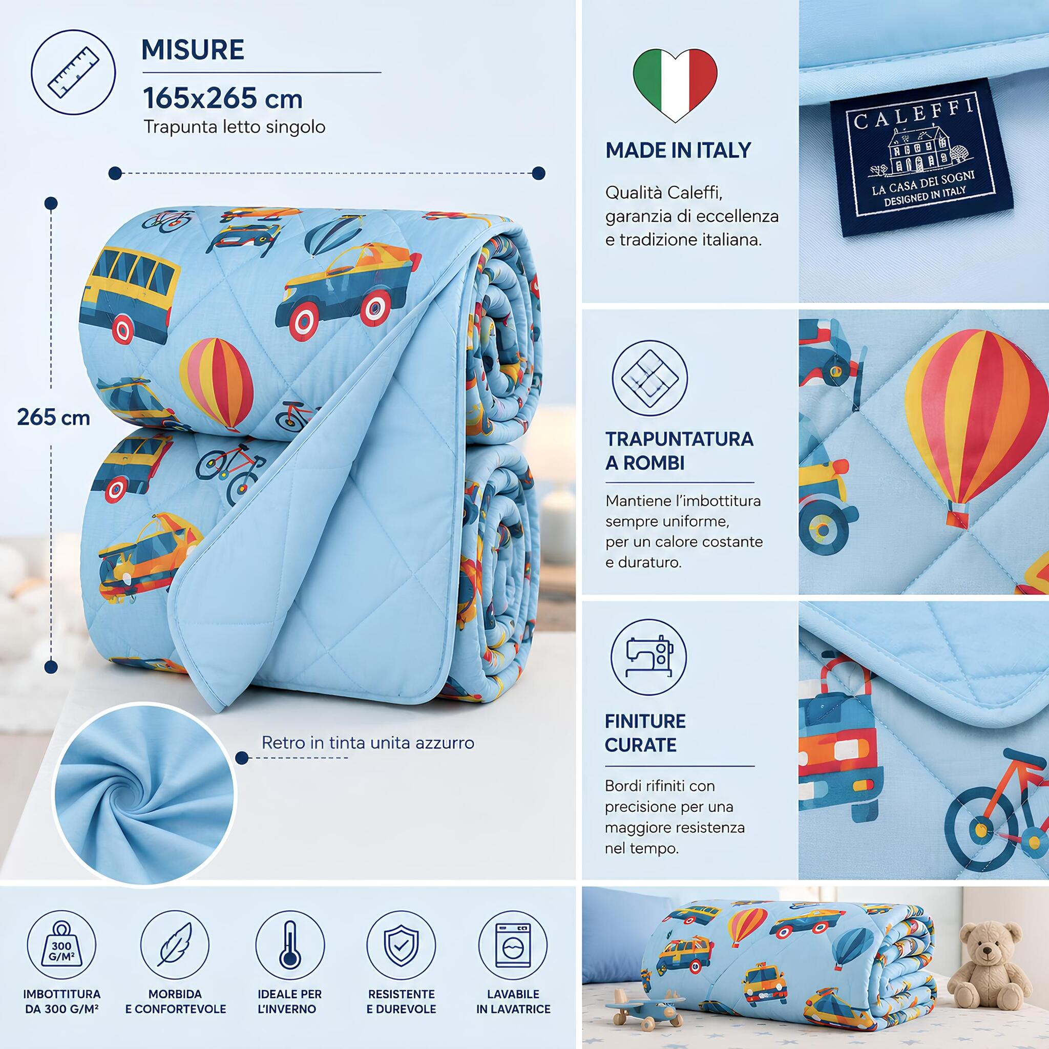 Misure e dettagli della trapunta singola Caleffi Toys azzurra 165x265 cm