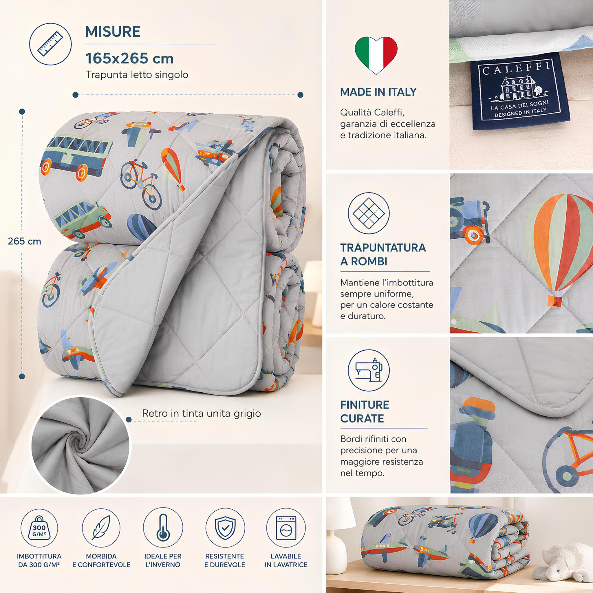 Misure e caratteristiche della trapunta singola Caleffi Toys 165x265 cm