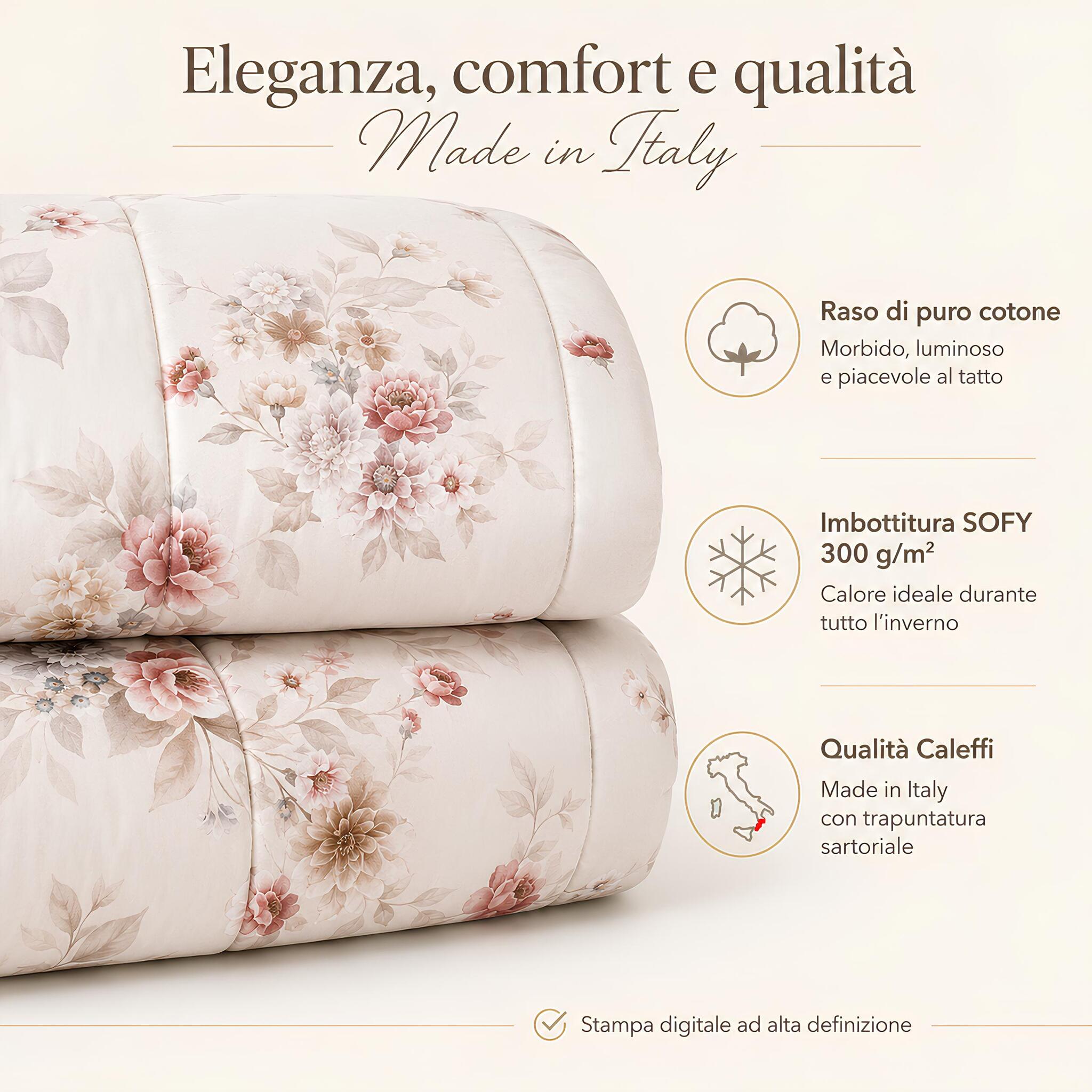 Infografica trapunta matrimoniale Caleffi Villa D'Este in raso di cotone Made in Italy