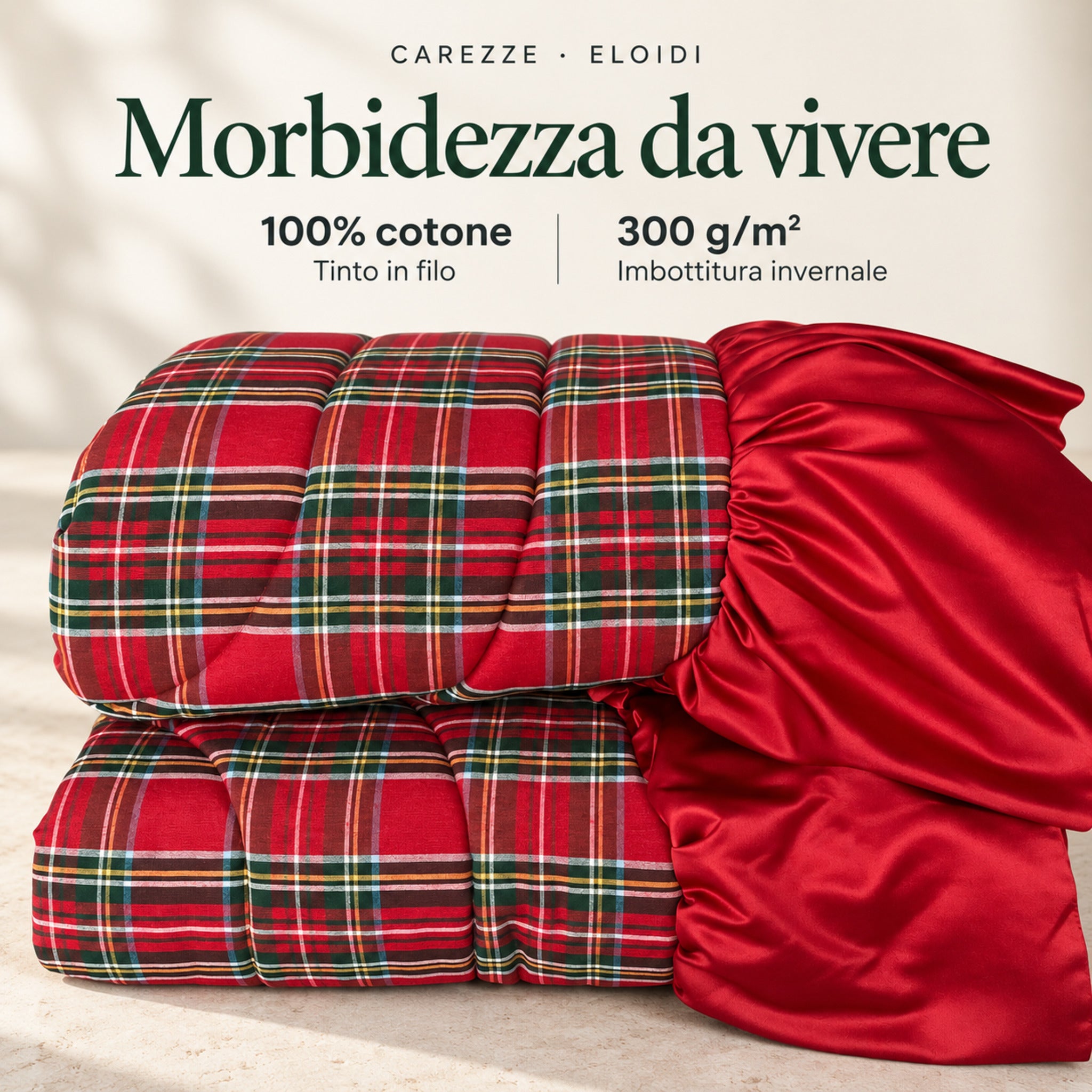 Trapunta Eloidi piegata con balza in raso rosso e infografica sul tessuto in cotone e sull’imbottitura invernale da 300 g/m².