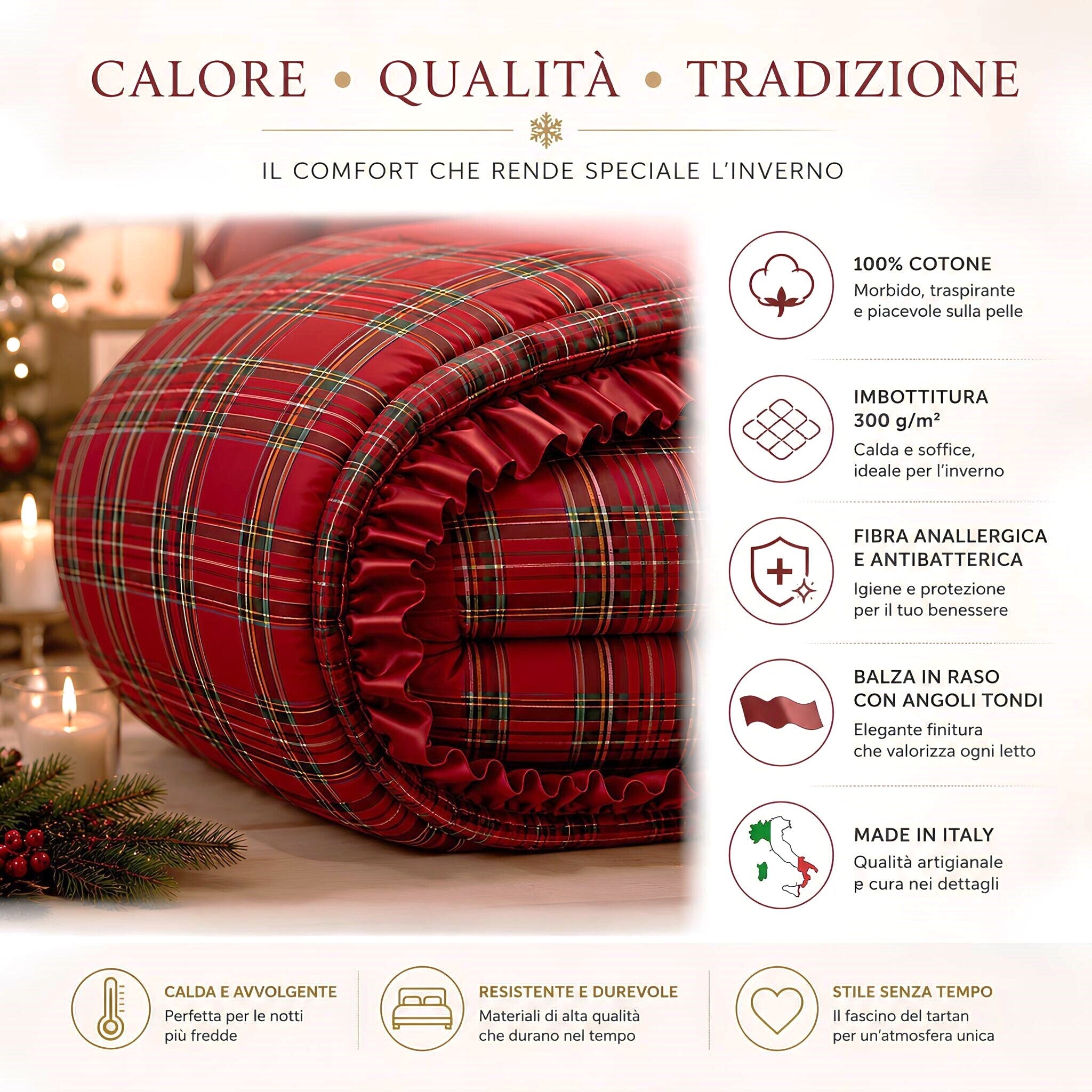 Infografica della trapunta Carezze Eloidi in 100% cotone con imbottitura anallergica 300 g per metro quadrato