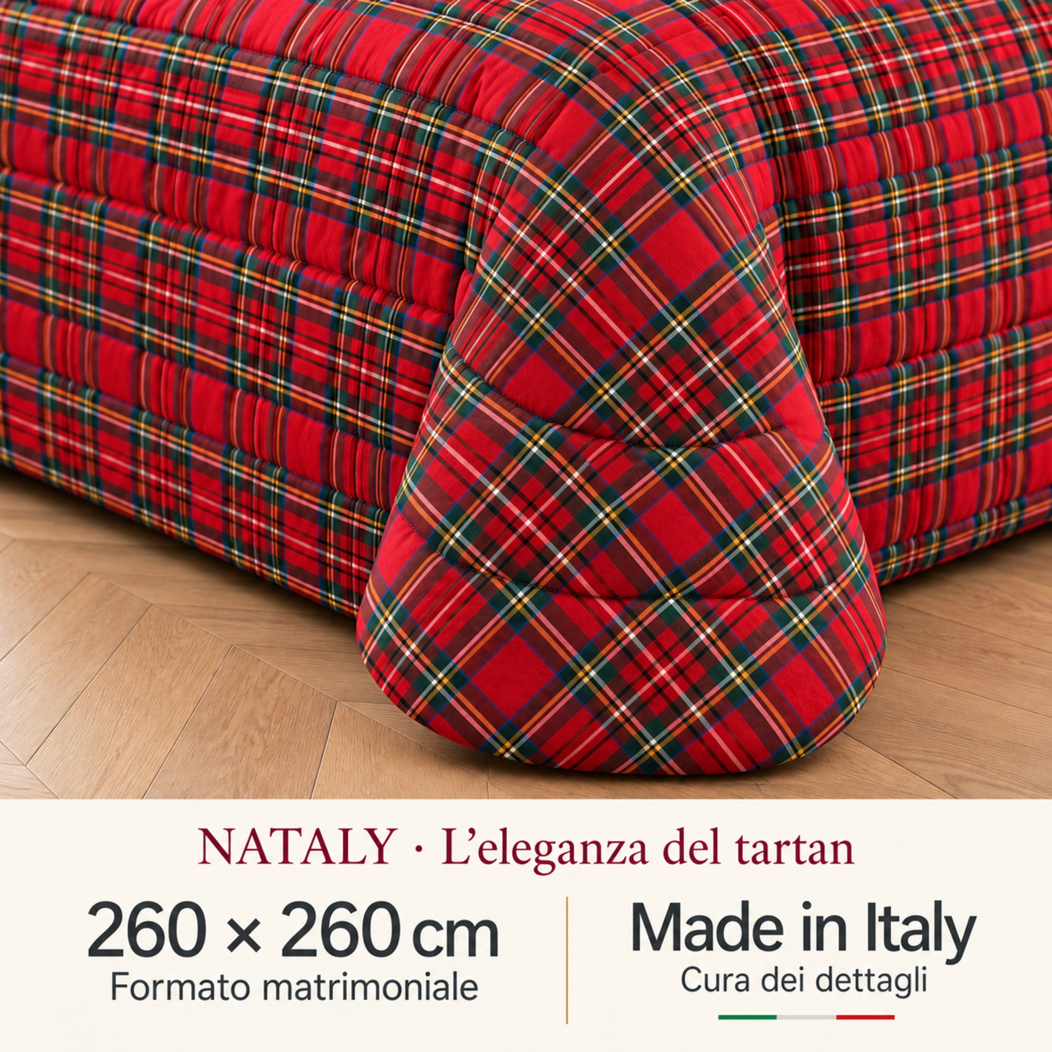 Dettaglio dell’angolo stondato della trapunta Nataly con tre fasce trapuntate, fantasia tartan e indicazione della misura 260×260 cm.