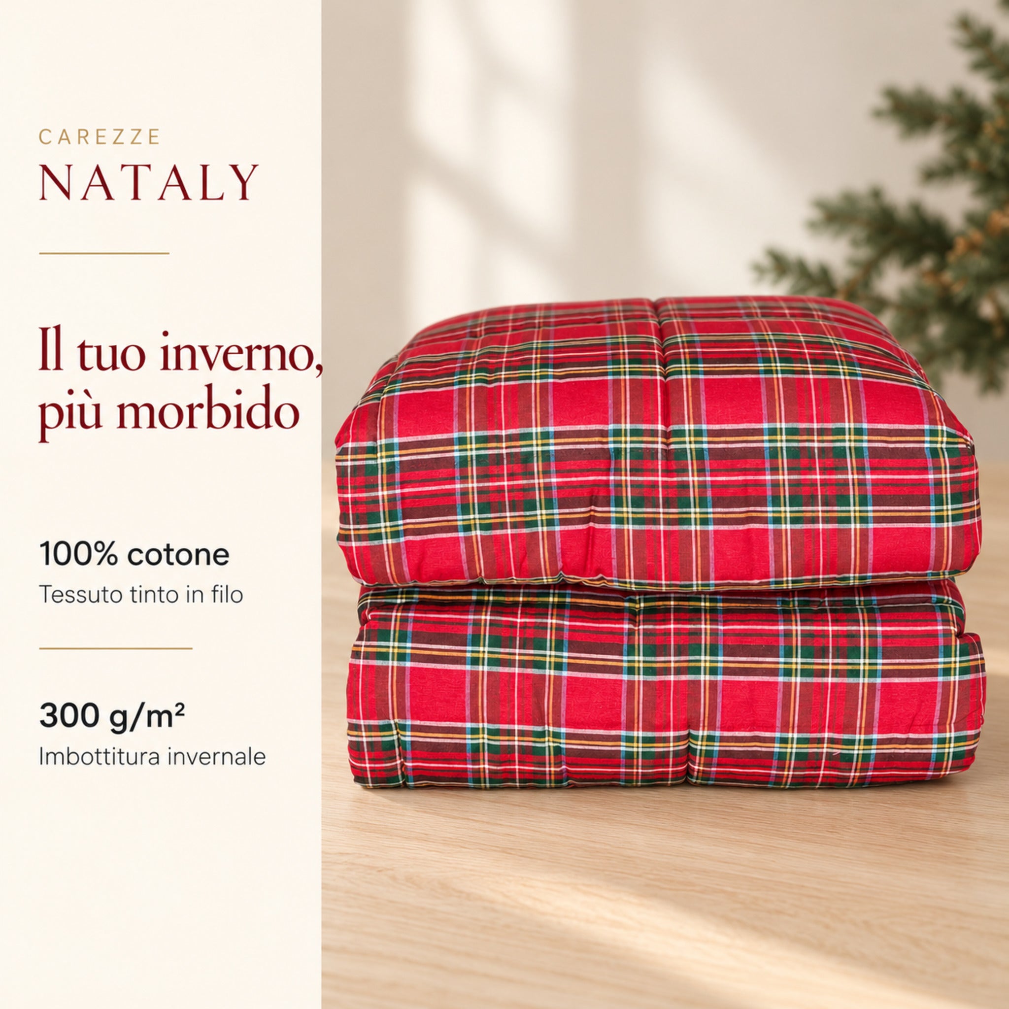 Trapunta Nataly piegata con infografica sul tessuto 100% cotone tinto in filo e sull’imbottitura invernale da 300 g/m².