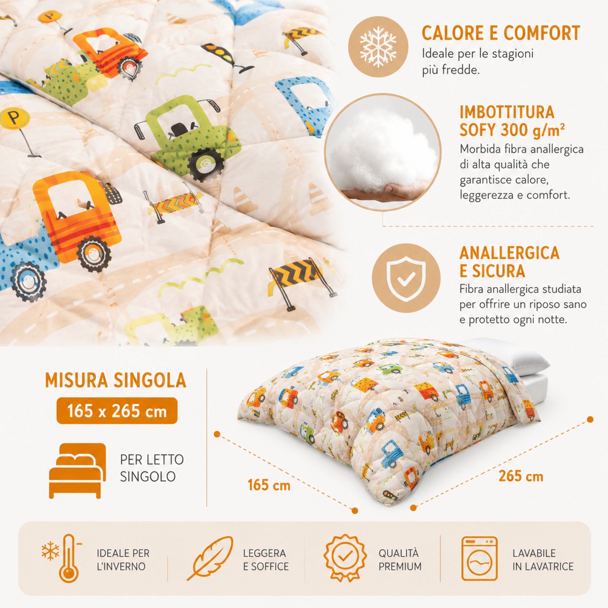 Trapunta singola City Car beige con imbottitura Sofy 300 grammi metro quadro