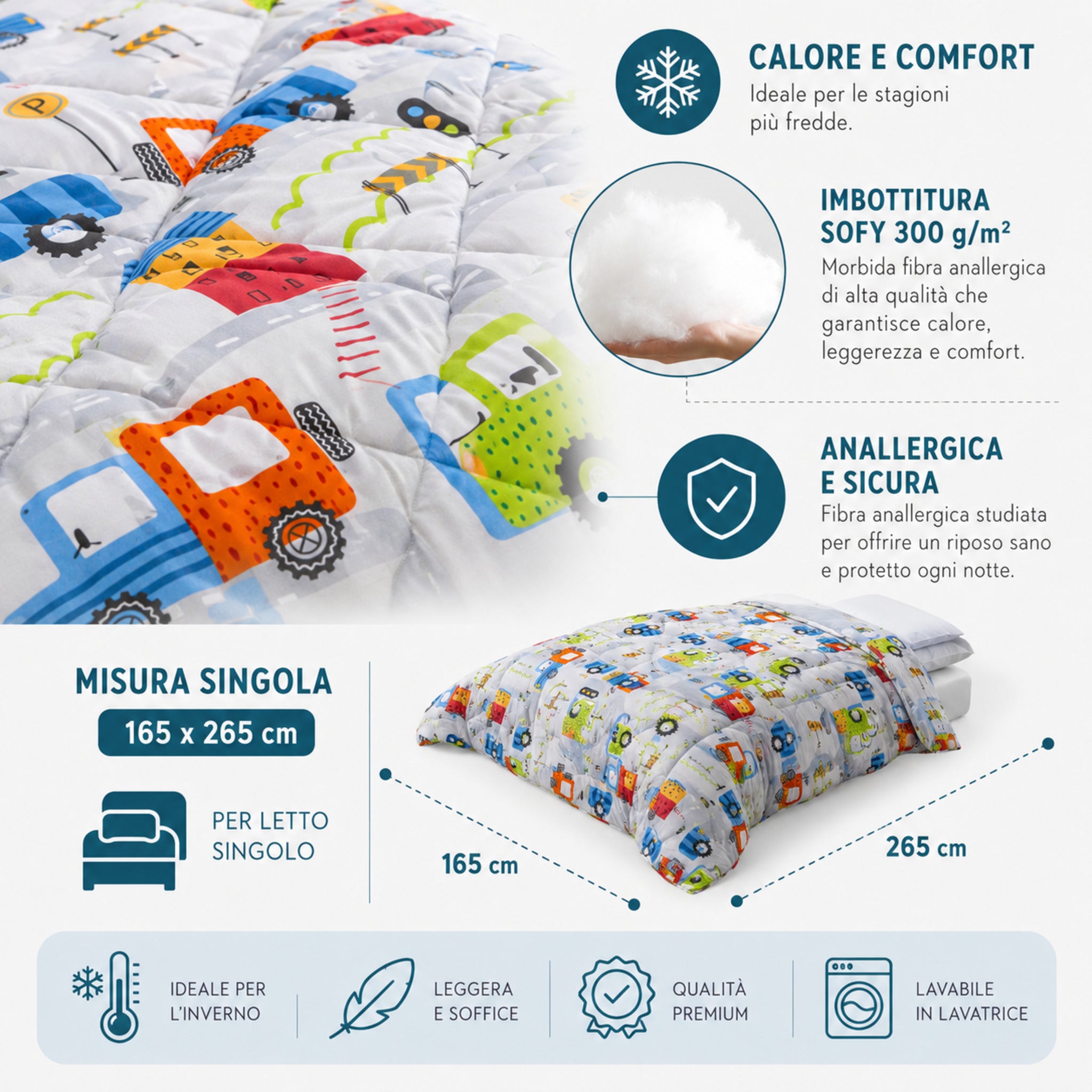 Trapunta singola City Car grigio con imbottitura anallergica Sofy 300 grammi metro quadro