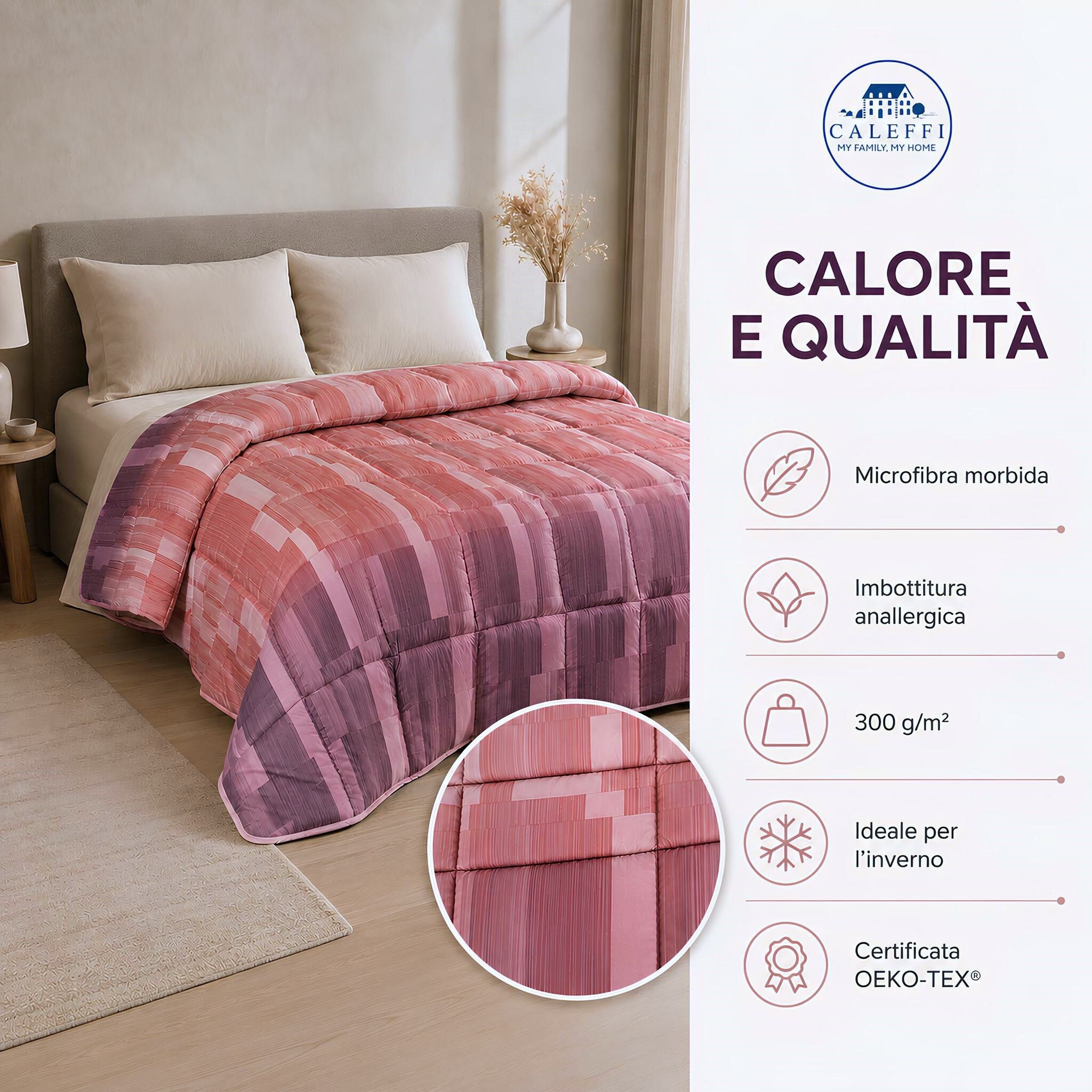 Trapunta Cloris Corallo in microfibra con imbottitura anallergica 300 g/m² e certificazione OEKO-TEX