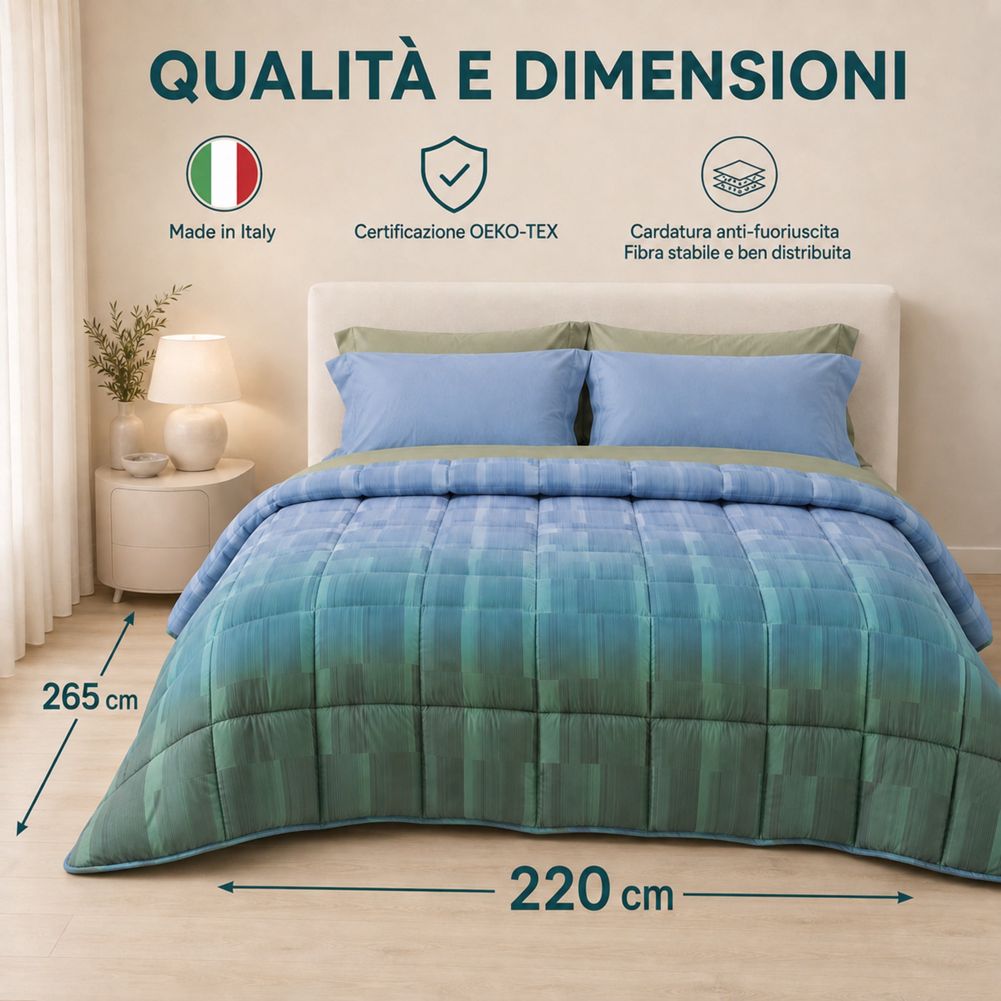 Trapunta Caleffi Cloris Laguna 220x265 cm Made in Italy con certificazione OEKO-TEX