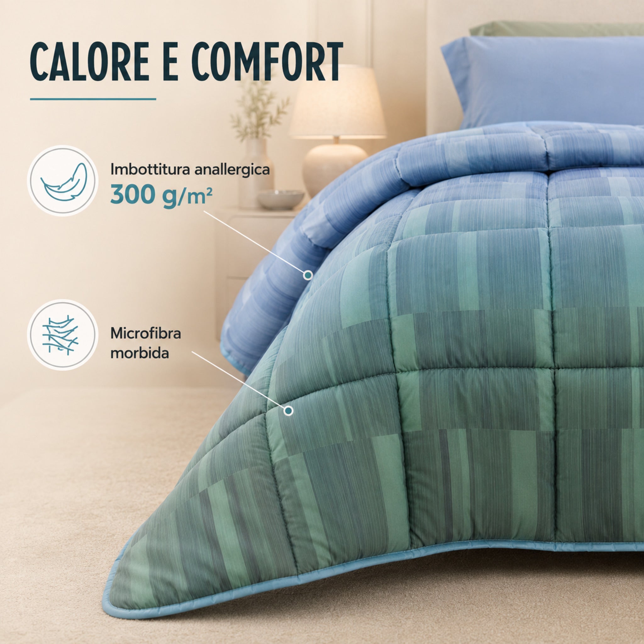 Trapunta Caleffi Cloris Laguna con imbottitura anallergica da 300 g/m² e microfibra morbida