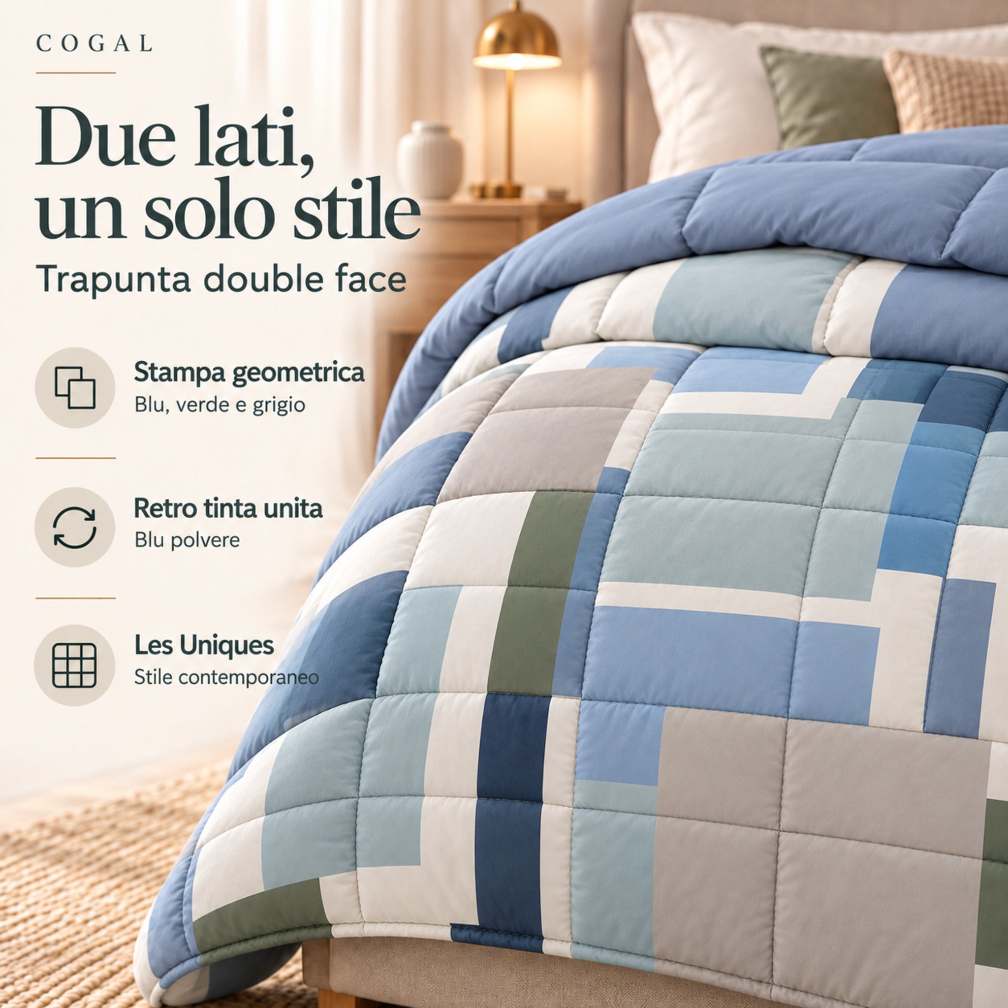 Primo piano della trapunta Cogal 2605 Metal Blue con stampa geometrica multicolore e retro blu coordinato tinta unita.