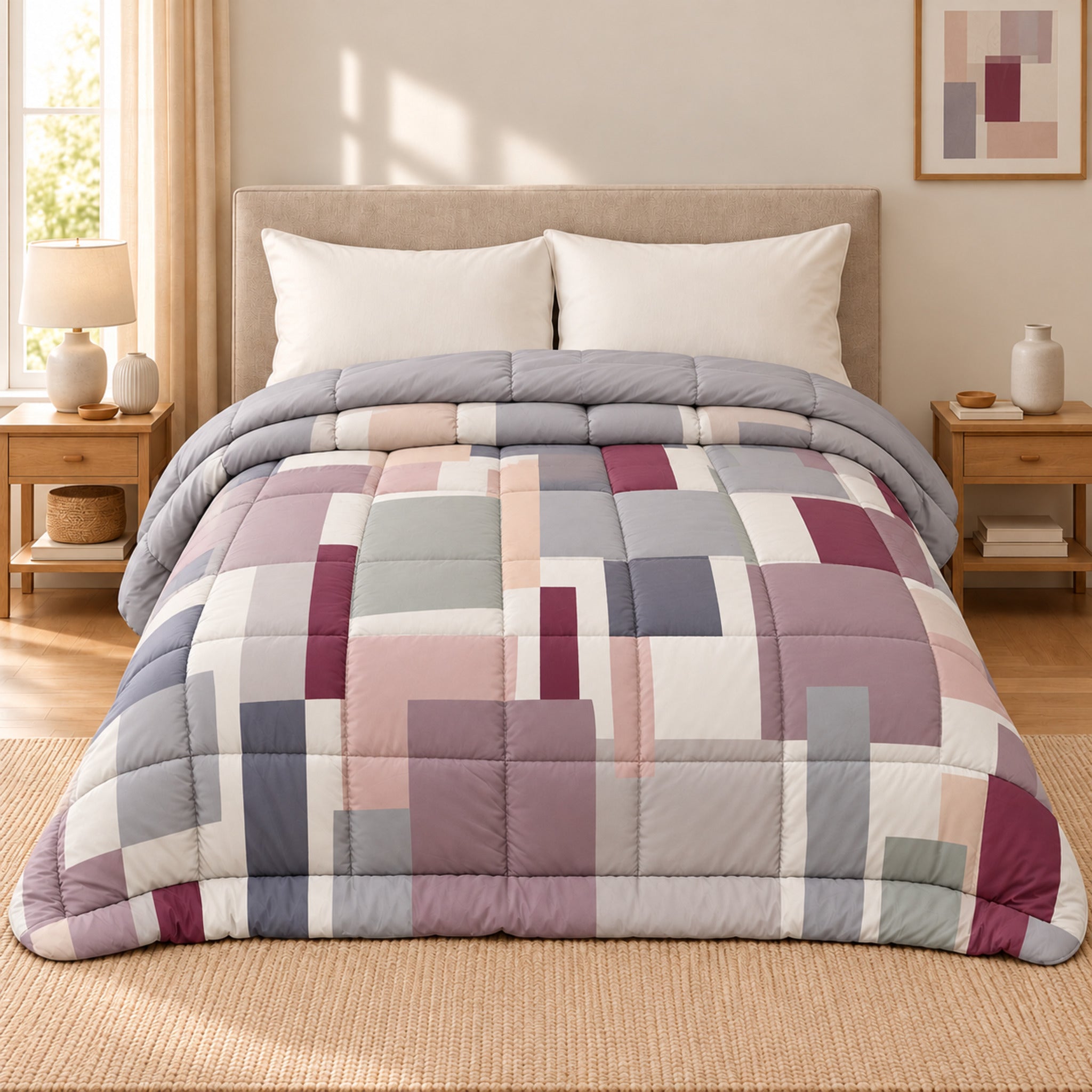 Trapunta Cogal 2605 Malva su letto, con fantasia geometrica rosa e grigia e risvolto tinta unita.