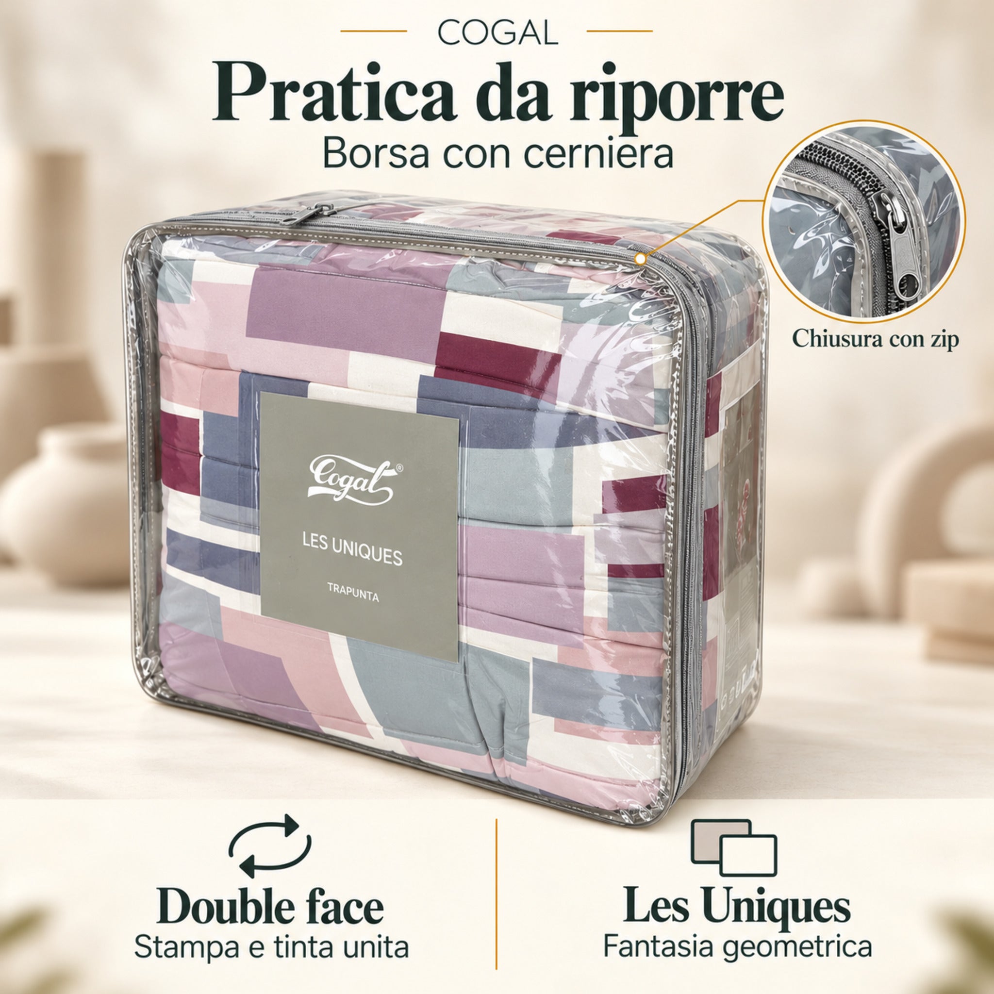 Trapunta Cogal 2605 Malva nella borsa trasparente, con cartellino Les Uniques e dettaglio della cerniera.