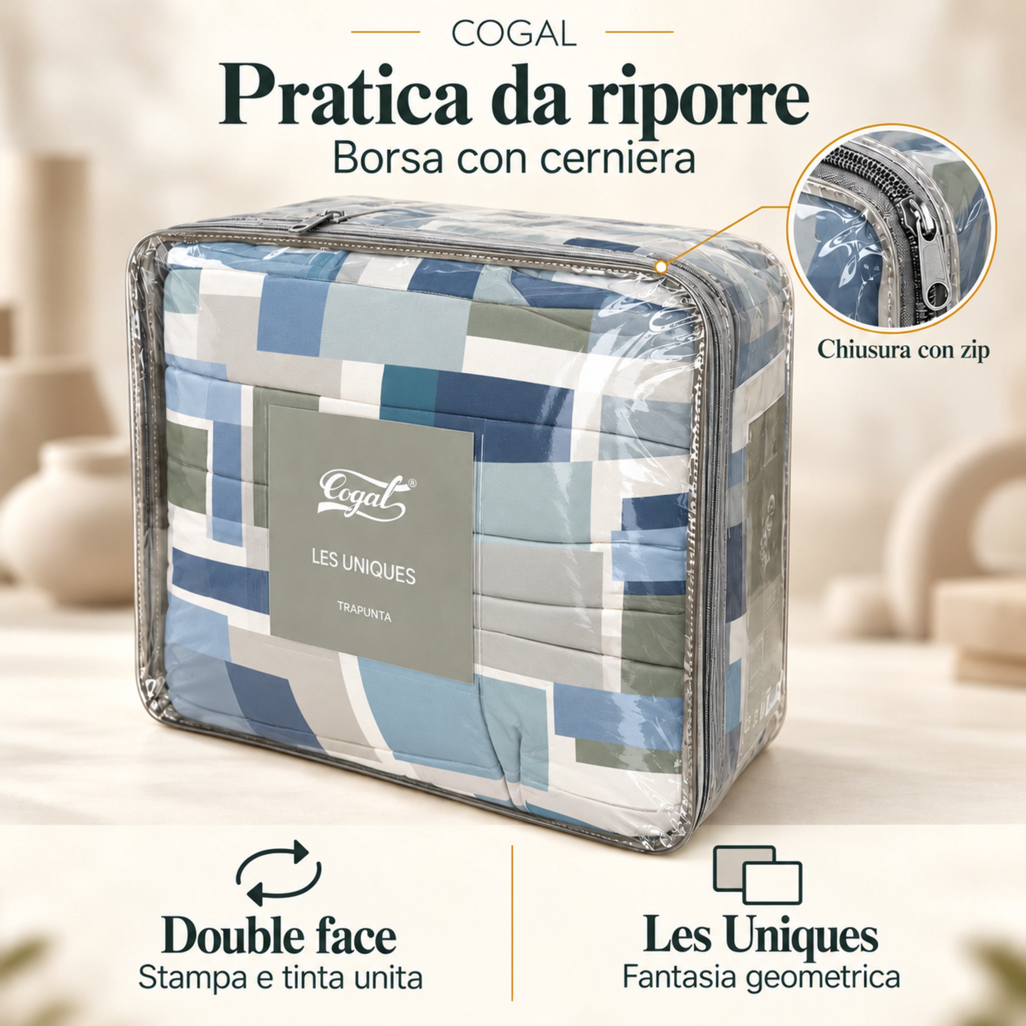 Trapunta Cogal 2605 Metal Blue confezionata nella borsa trasparente con cerniera ed etichetta Les Uniques.