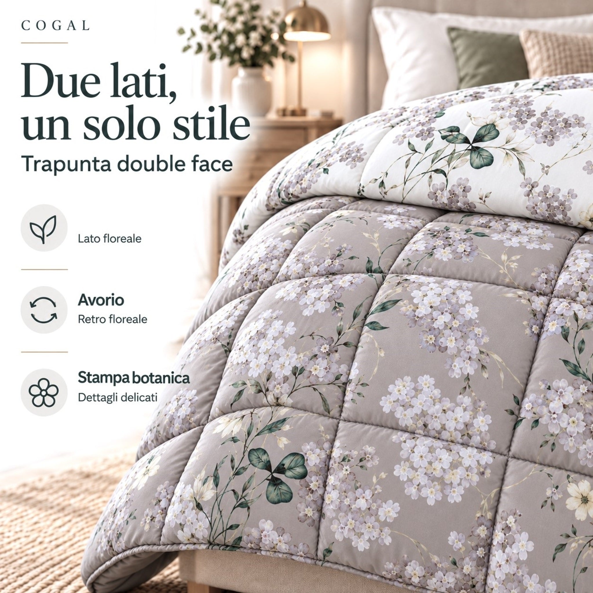 Dettaglio della trapunta Cogal 2620 Silver Grey con piccoli fiori e foglie verdi, affiancato dal retro avorio stampato.