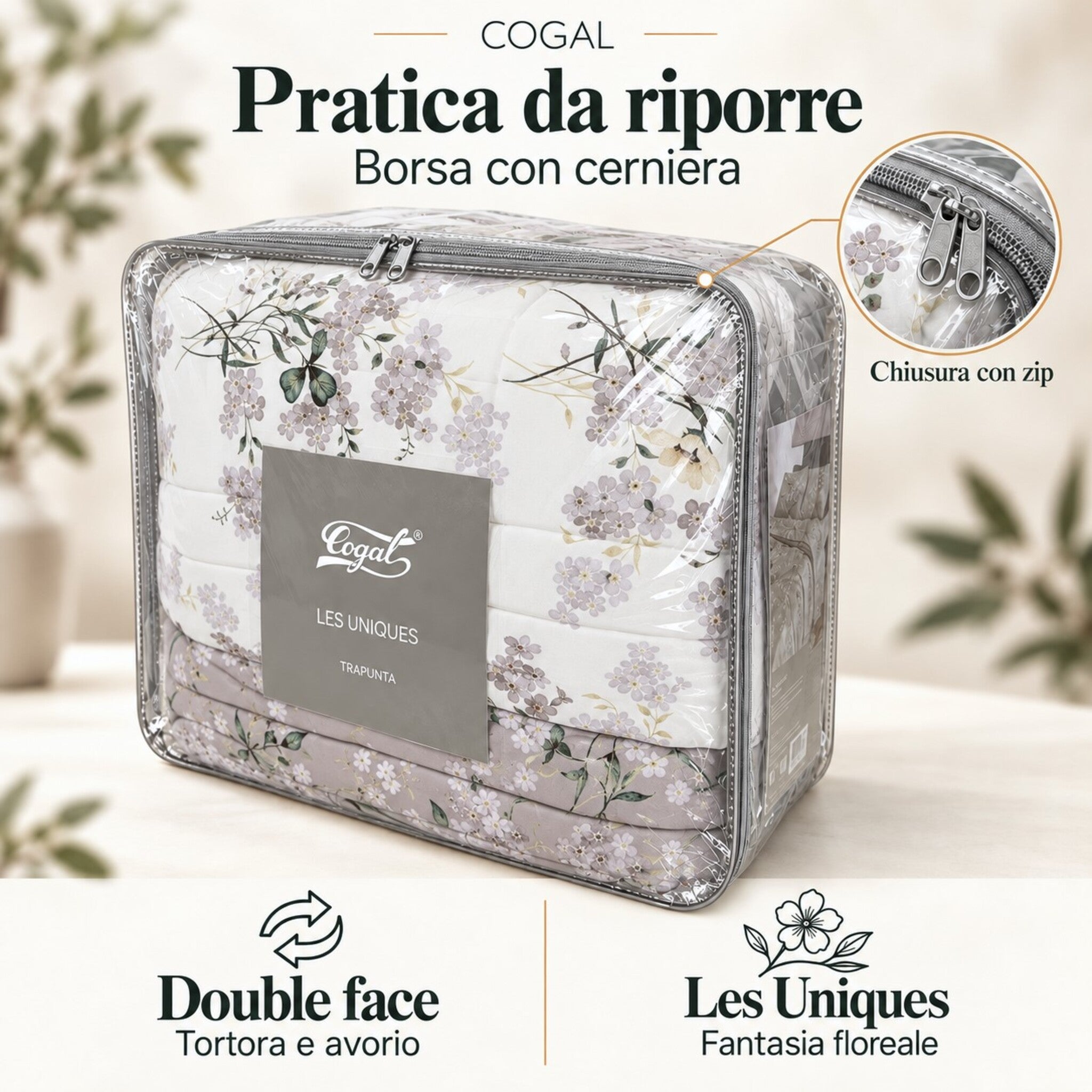 Trapunta Cogal Silver Grey e avorio confezionata nella borsa trasparente con cerniera e cartellino Les Uniques.